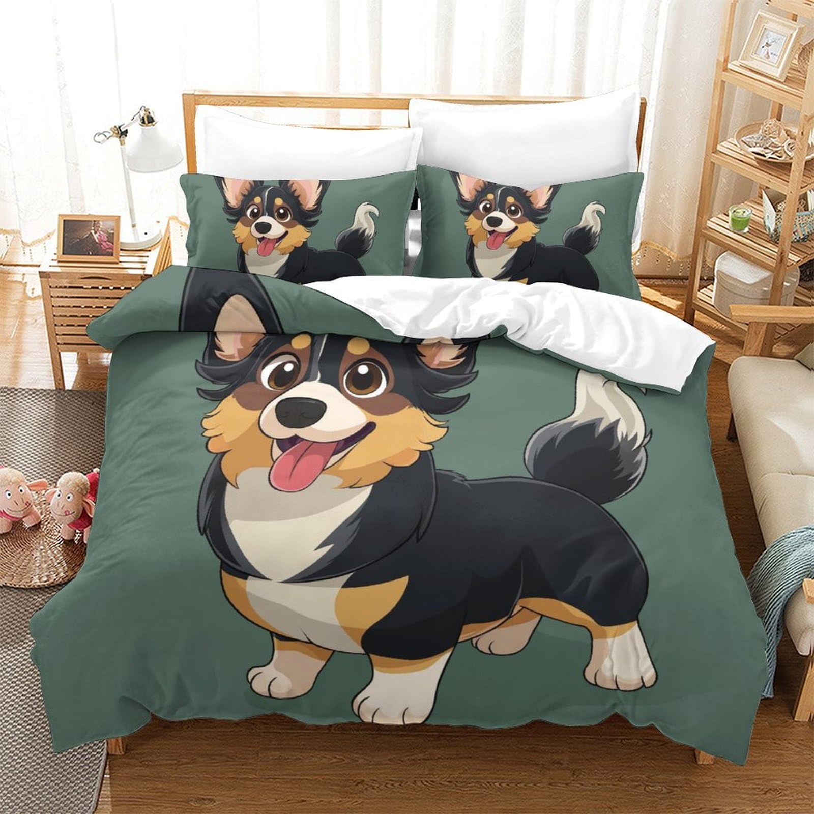Housse de couette Corgi 3D King 220x240cm microfibre lit enfant et ado zipper