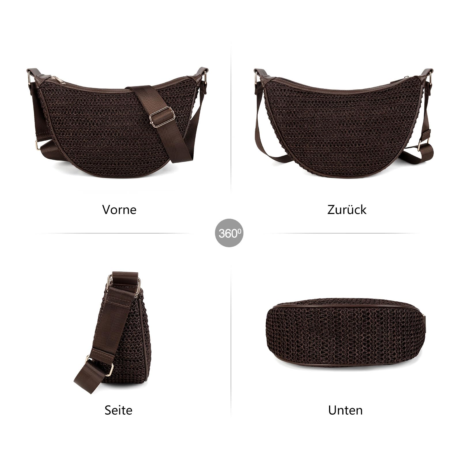 Gladdon Borsa a tracolla da donna, in paglia, a mezzaluna, intrecciata, estiva, leggera, da spiaggia