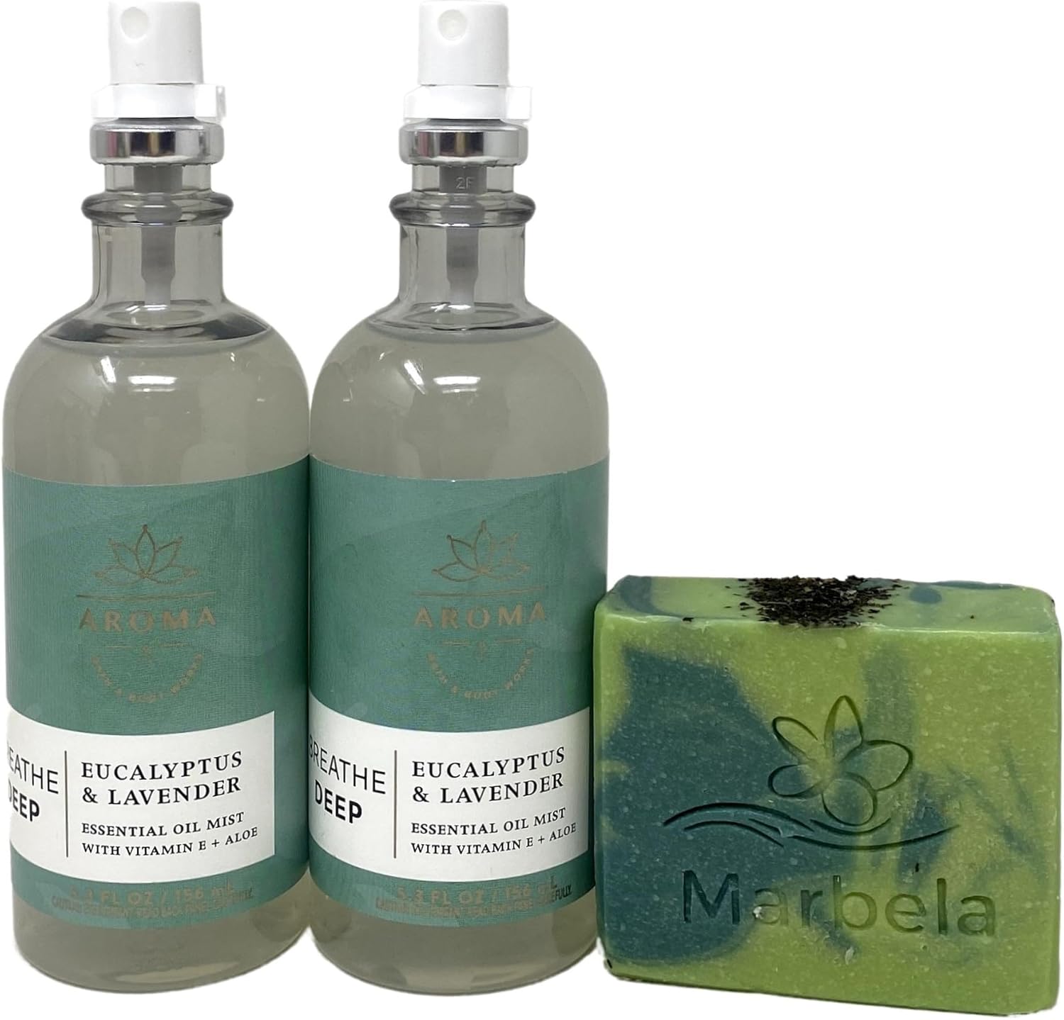 Bath & Body Works Aroma Breathe Deep Eucalyptus & Lavender Essential Oil Mist 2 Pack with a Fresh Forest Bar Soap.
