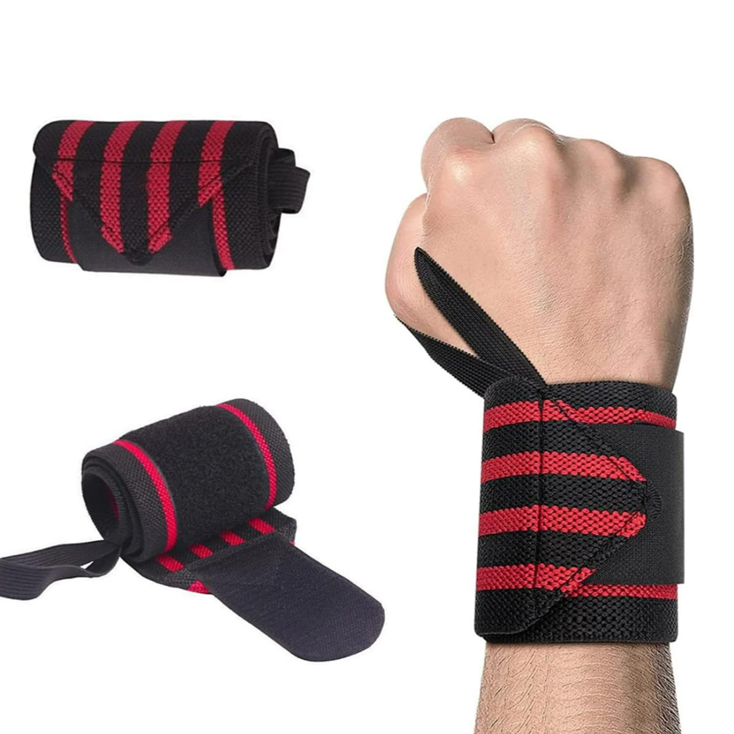 Weightlifting Wrist Support Wraps for Gym with Thumb Loop, Black and Red Stripes, One Size-image-34