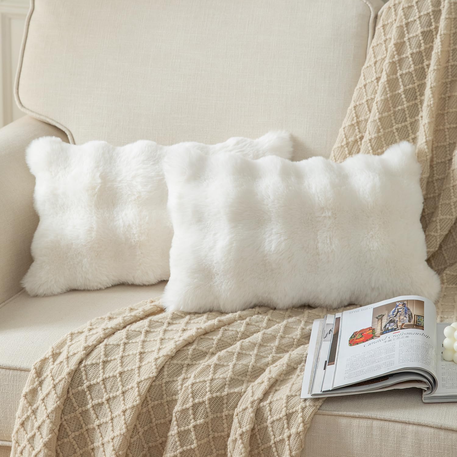 Yaertun Pack of 2 Cream White Thick Soft Wool Decorative Throw Pillow Covers 12x20 Inch Faux Fur Plush Fluffy Cushion Covers for Sofa Couch Bedroom