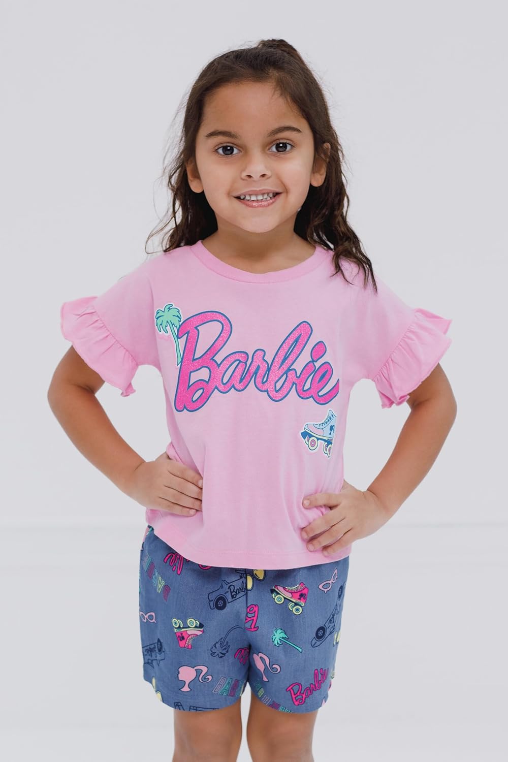 Barbie Girls Peplum T-Shirt and Twill Shorts Outfit Set Toddler to Big Kid Sizes (2T - 14-16) - Image 4
