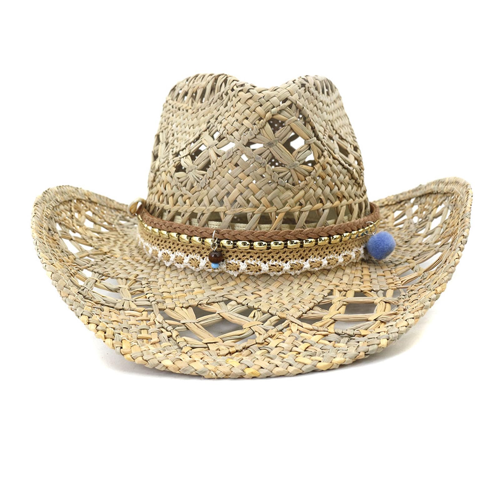 Genérico Sombrero de Cowboy de Paja para Mujer Hombre, Western Cowgirl Hat Panamá con Banda Occidental Gorros de Vaquero Oeste Sombrero de Playa de Verano al Estilo Country