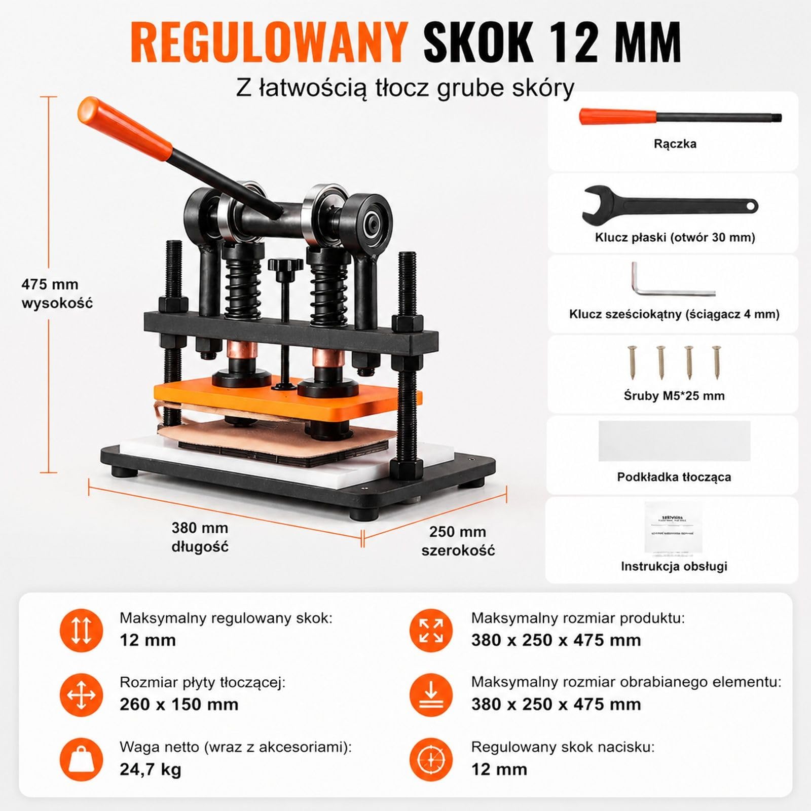 Ręczna prasa do dziurkowania skóry i tłoczenia, pianki PVC/EVA oraz materiałów nieprzylepnych, regulowany skok