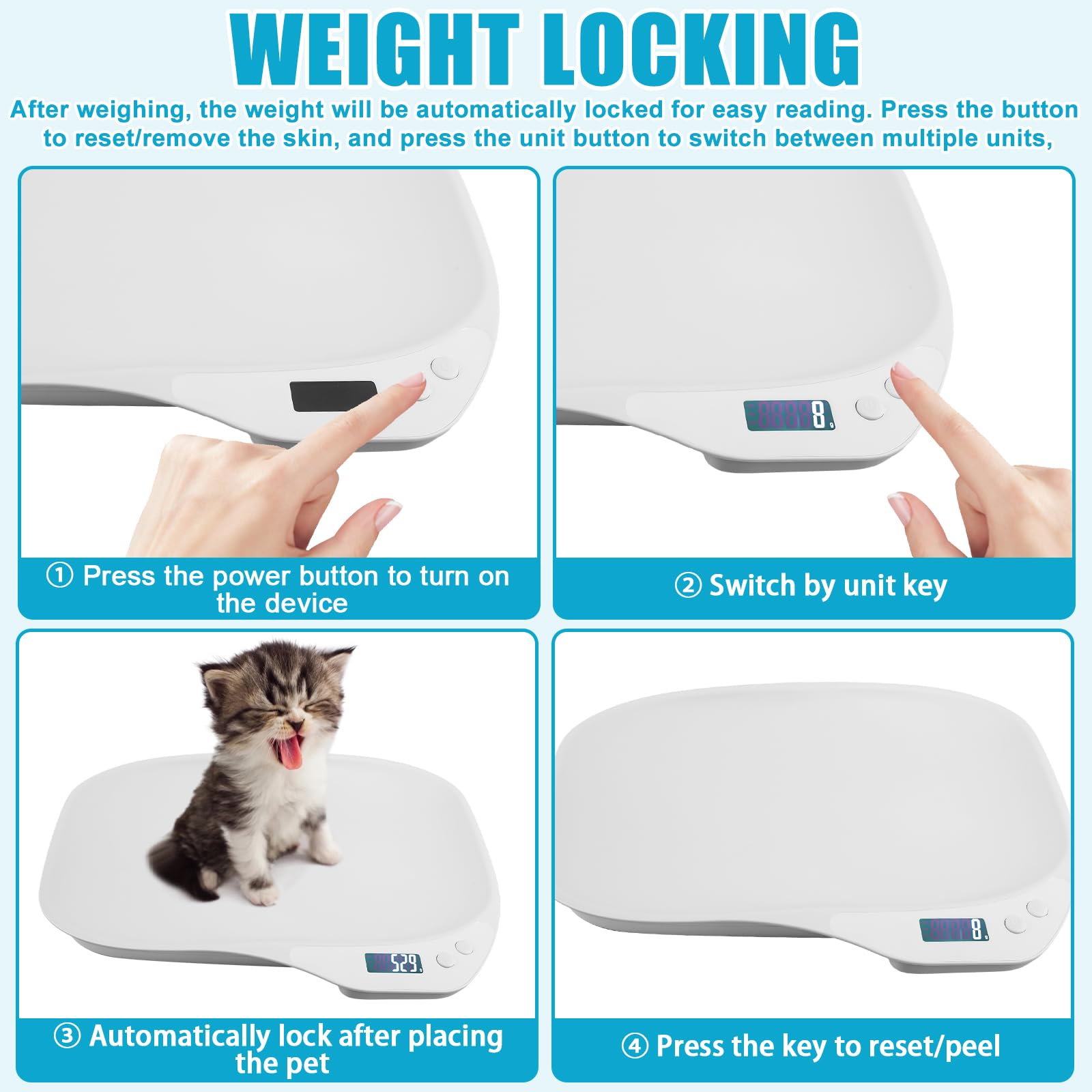 báscula para mascotas y animales pequeños, 15 kg (± 1 g), 4 modos de pesaje (kg/oz/lb/ml), para perros, gatos, hámsteres y pájaros pequeños