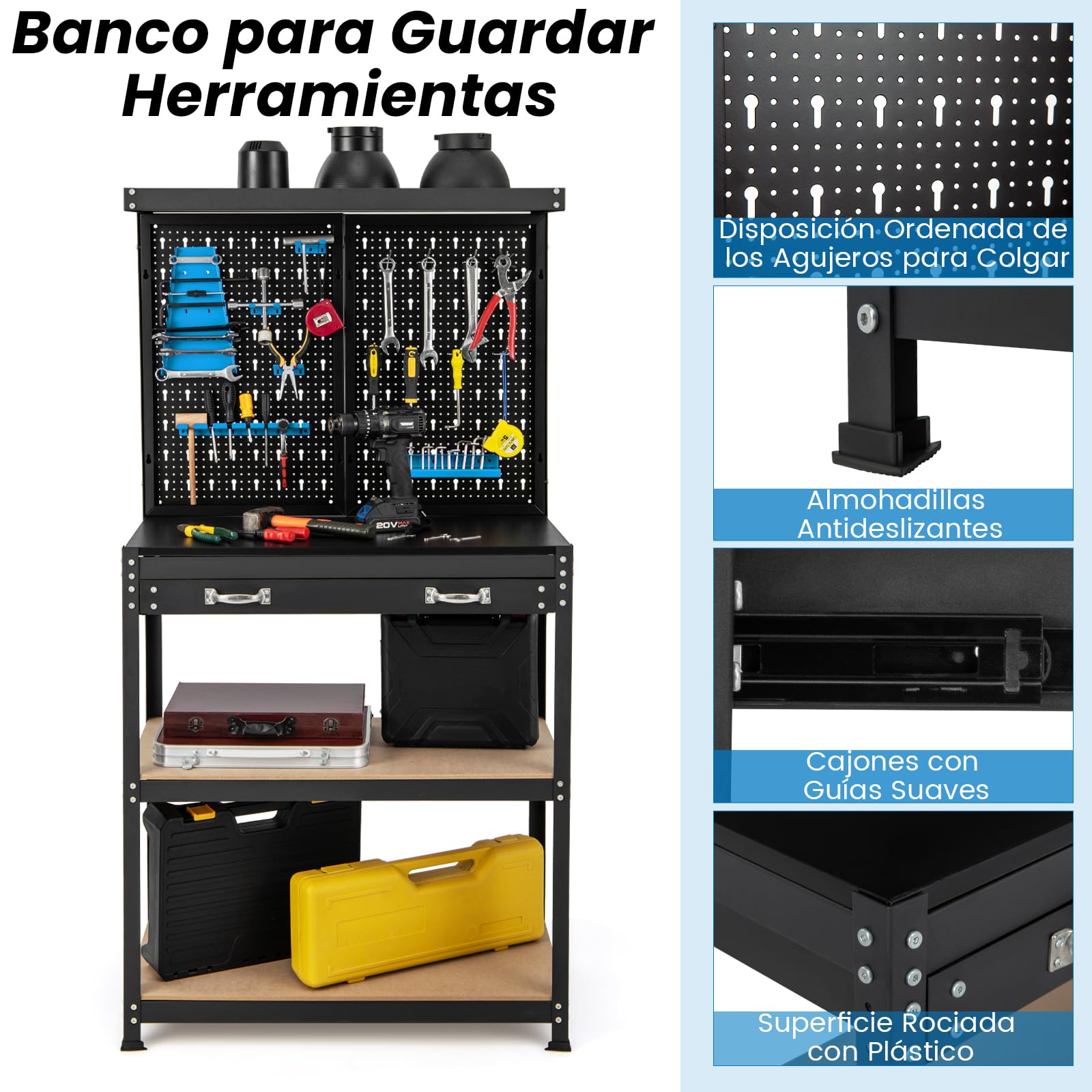 COSTWAY Banco de Trabajo con Tablero Perforado, Banco de Trabajo para Almacenamiento de Herramientas con Estantes y Cajones, 14 Accesorios para Colgar, Mesa de Trabajo para Garaje (Negro y Azul)