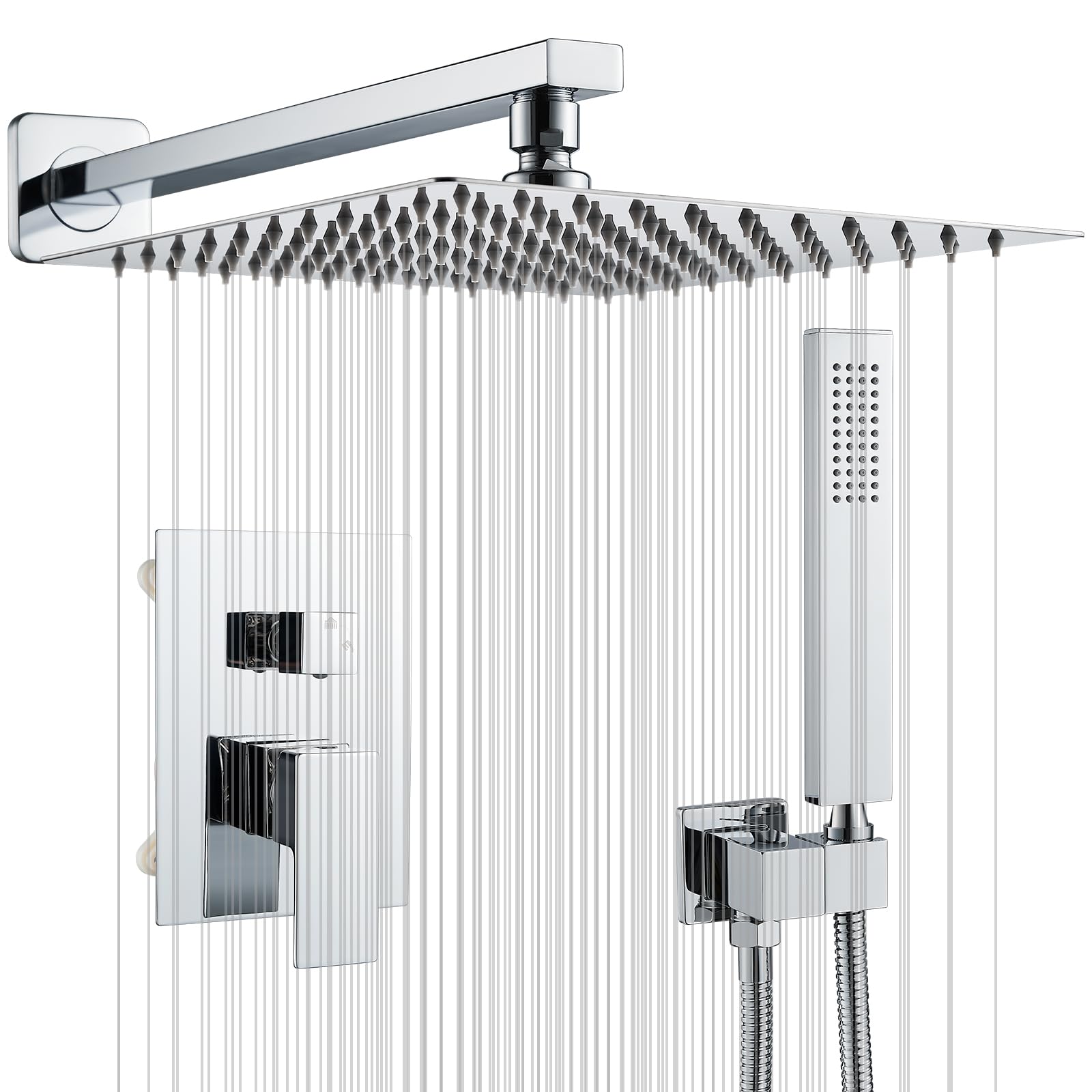 Concealed Shower Set, Shower Head and Hose Set 2 Ways, Chrome Rain Shower System with 10-Inch Shower Head Square, Brass Single Lever Shower Mixer Valve Tap, Stainless Steel Handheld Spray Head
