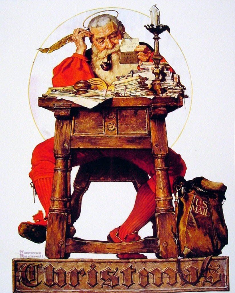 Olde Time Mercantile Norman Rockwell Christmas Santa Reading Mail 1935 Art Print - 8 in x 10 in - Unmatted, Unframed