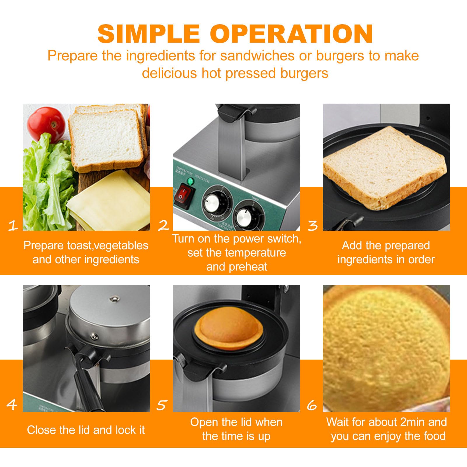 Kommerzieller Burger-Waffel-Bäcker, 1300 W, antihaftbeschichtete elektrische Burger-Presse, Temperaturregelung 50–300 °C, 5-Minuten-Timer, runder Toastie-Maker mit tiefer Füllung,Single