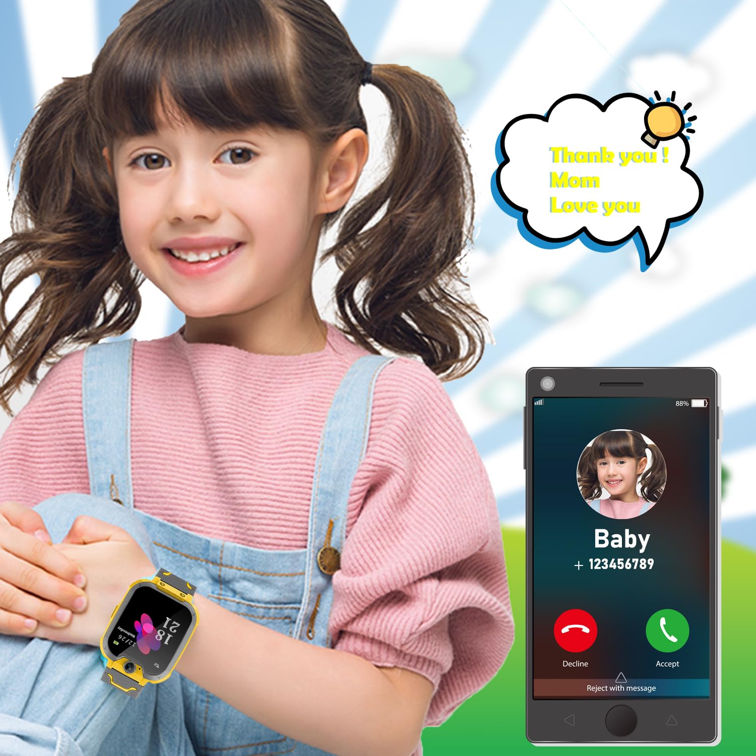 PTHTECHUS® Smartwatch für Kinder- Uhr Telefon für Mädchen Jungen mit Anruffunktion SOS Musik Playe Spiel Kamera Taschenlampen Wecker-Kids Smart Watch Student Telefonieren Geburtstag Geschenk Gelb