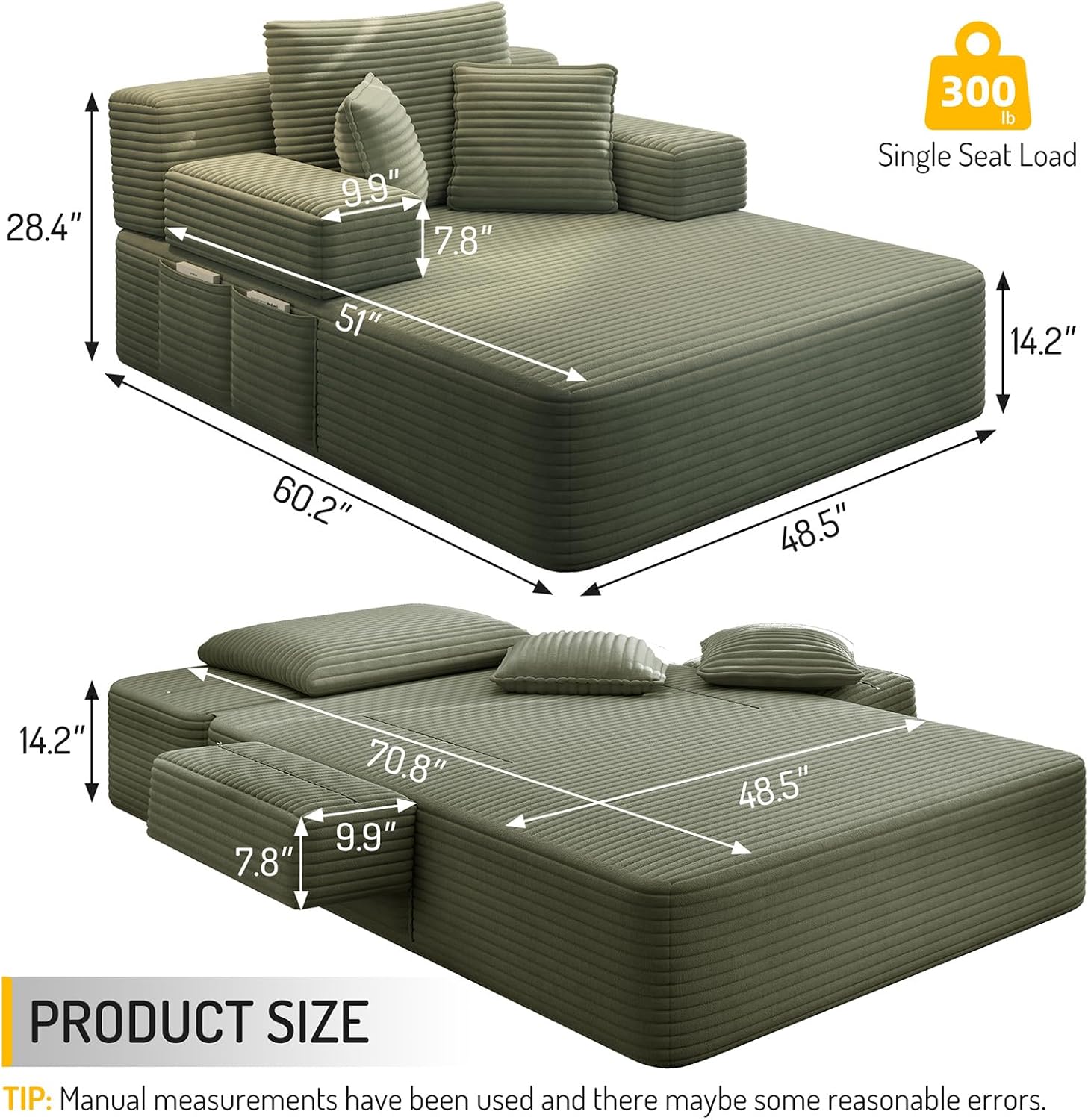 60 Inch Oversized Chaise Lounge Chair Indoor, Corduroy Boneless Chaise with Armrests & Backrest /2 Pockets /3 Pillows, Lounge Sofa Bed for Adults Living Room (Green)