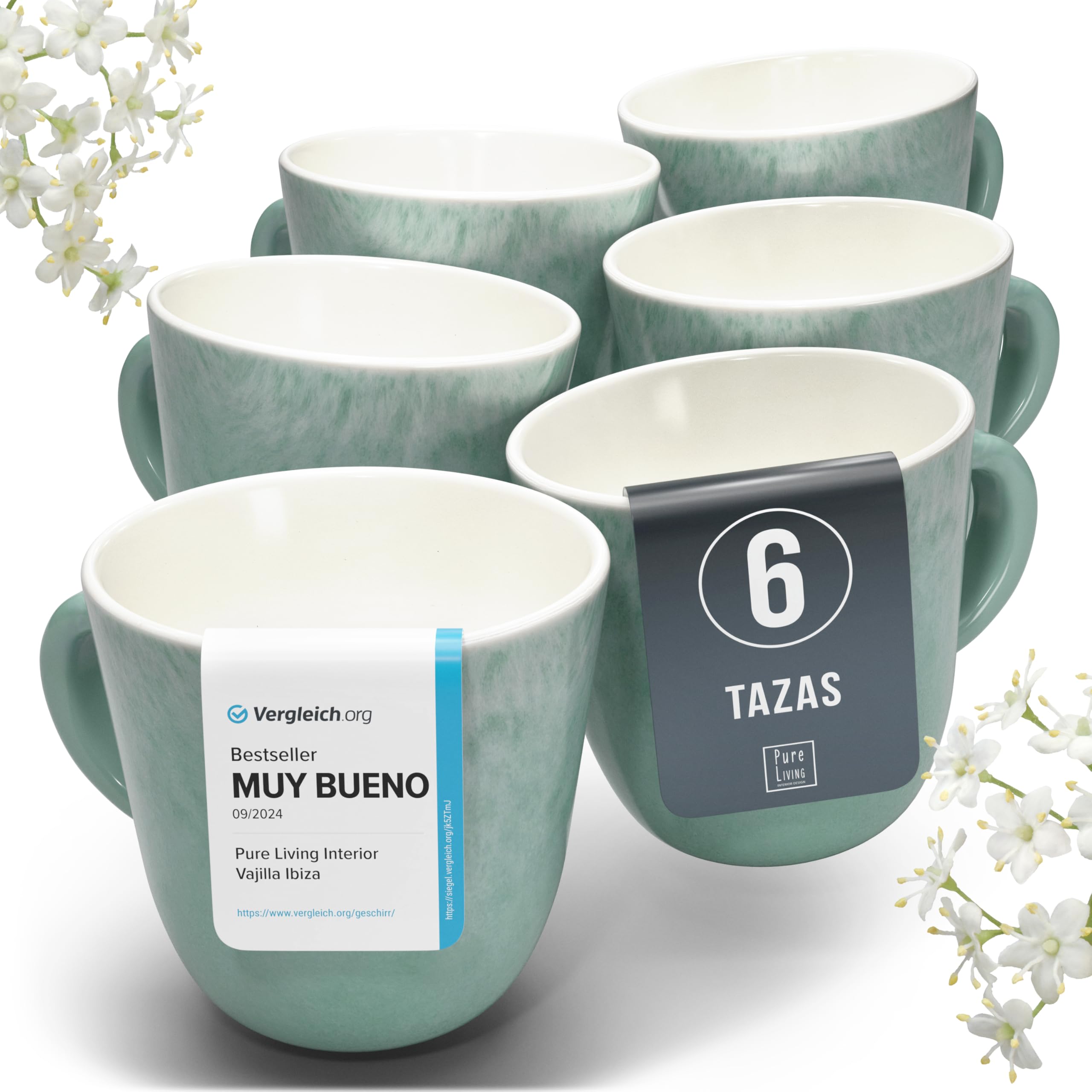 Juego de 6 tazas de café Ibiza - Gres premium, resistente a los arañazos, apto para lavavajillas y microondas - Set de tazas de té y café de Pure Living en Turquesa