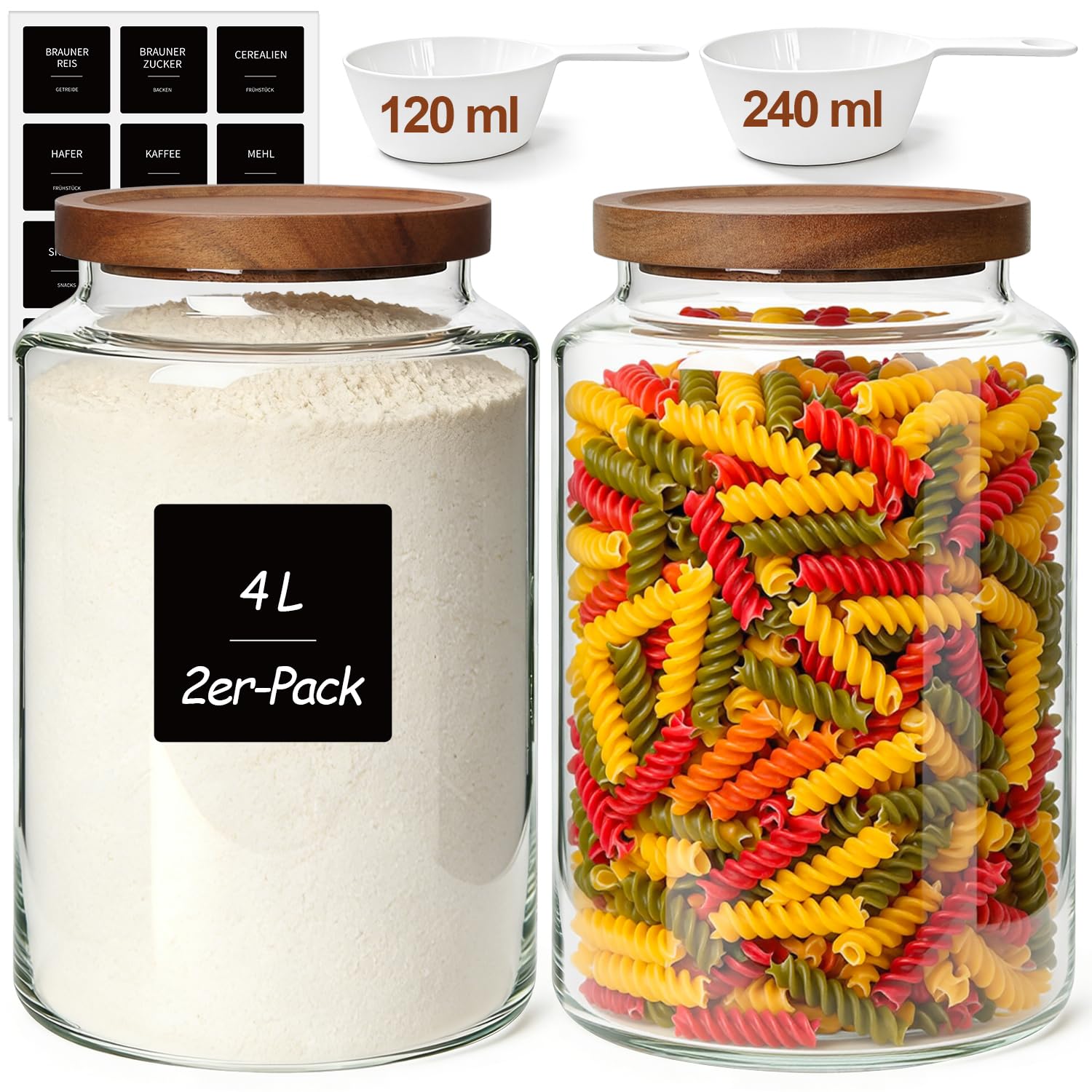 ComSaf Vorratsgläser mit Deckel, Glasbehälter, Vorratsdosen Glas 3,9 L × 2, Zylindrisch Borosilikatglas, Akazienholzdeckel Luftdicht mit Messlöffel & Etiketten für Mehl, Cornflakes, Müsli, Keks