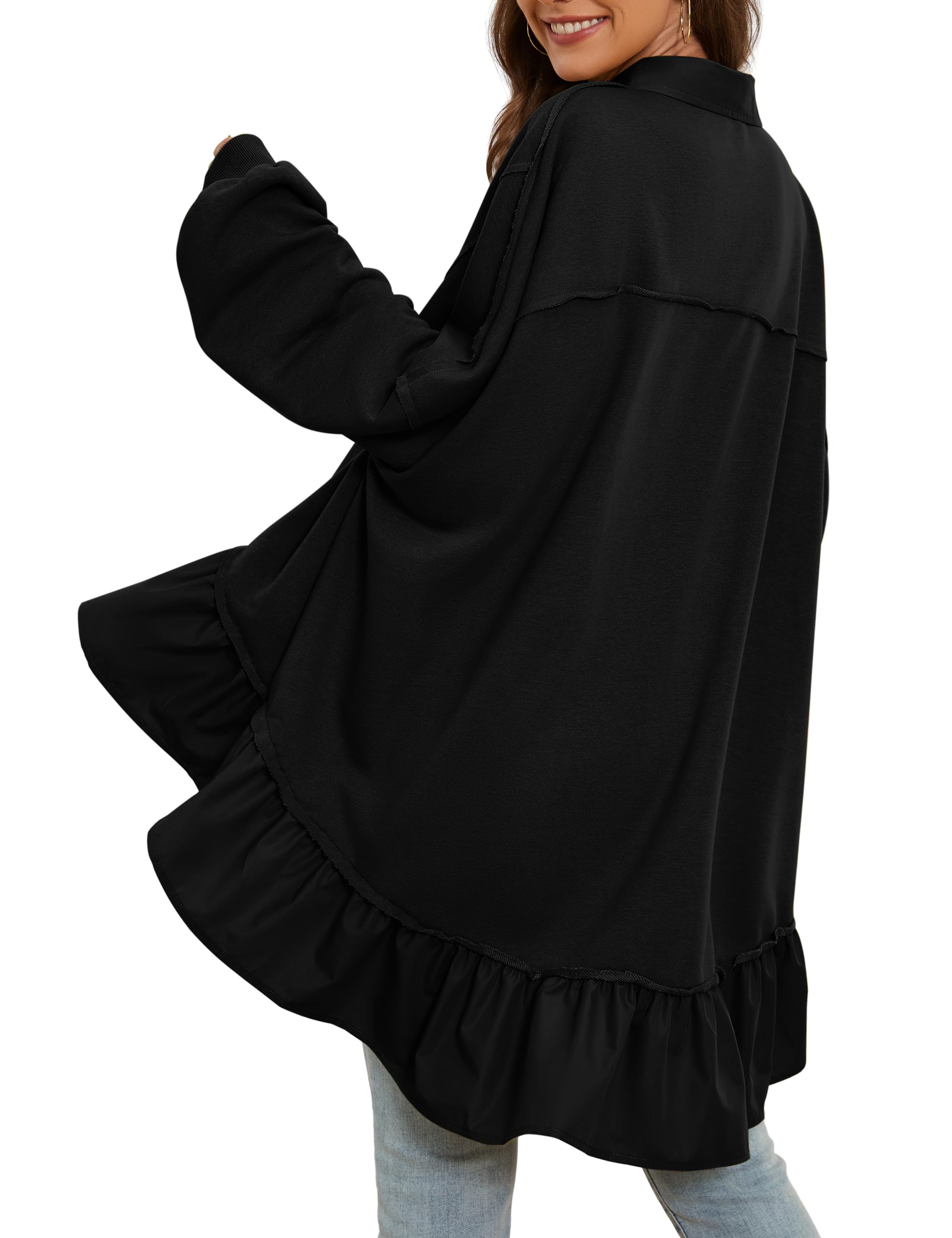 Lauweion Women Oversized Button Front Pleated Sweatshirt Mini Dress Patchwork Lapel Ruffle Hem Trendy Flowy Sweatshirts