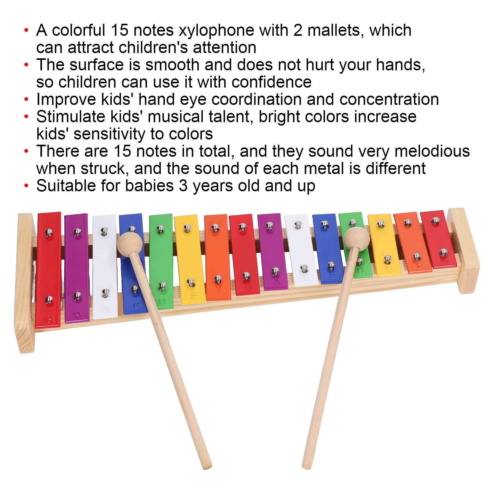 Xilófono 15 notas, Xilófono con 2 Mazos para Niños Instrumento Musical Educativo Glockenspiel de Aluminio y Pino Juguete Adecuado a Partir de 3 Años