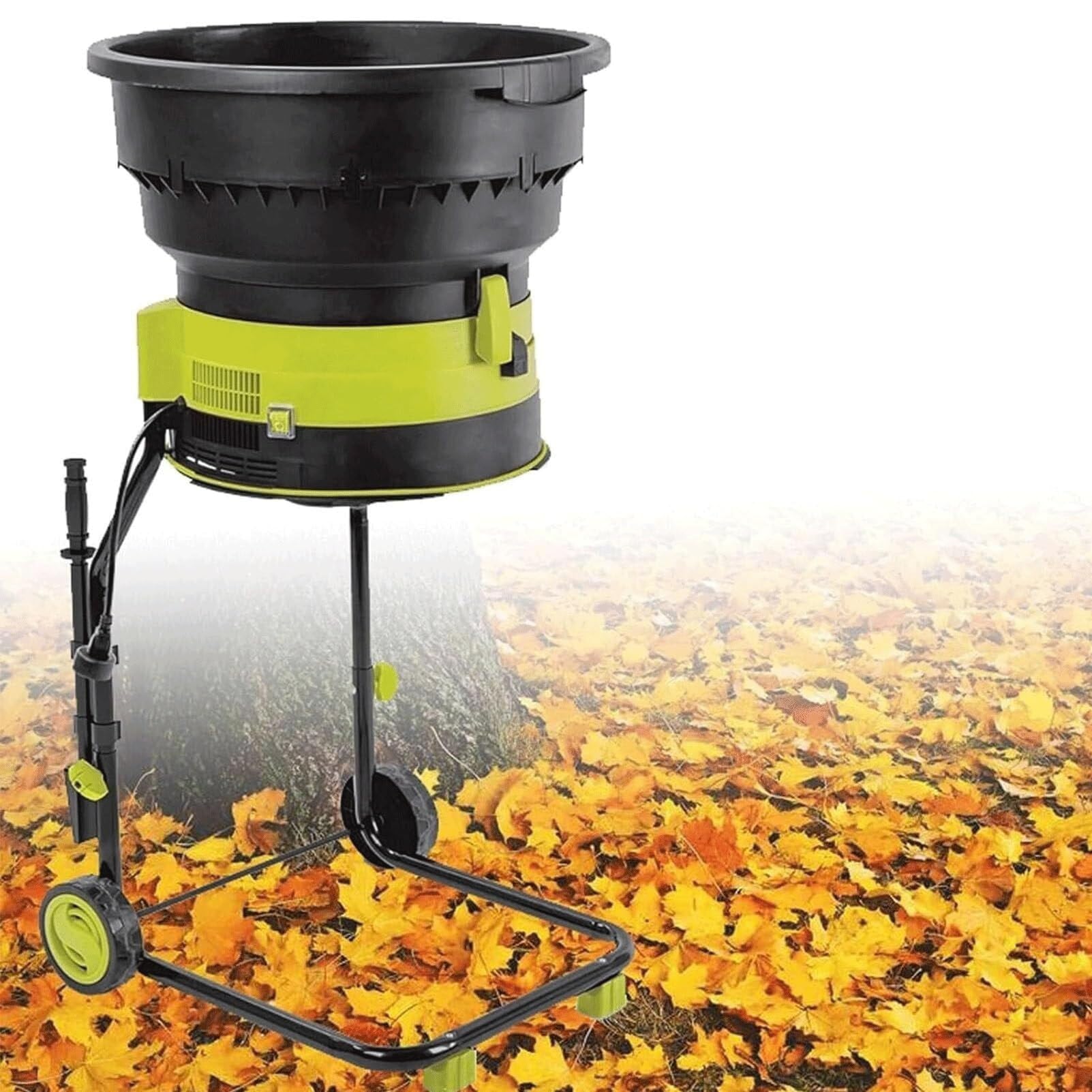 Trituradora eléctrica de hojas con cable, trituradora de jardín portátil sin aspas con ruedas, 8000 rpm, bolsa de colección, embudo de 54 cm de diámetro, para abono de hojas