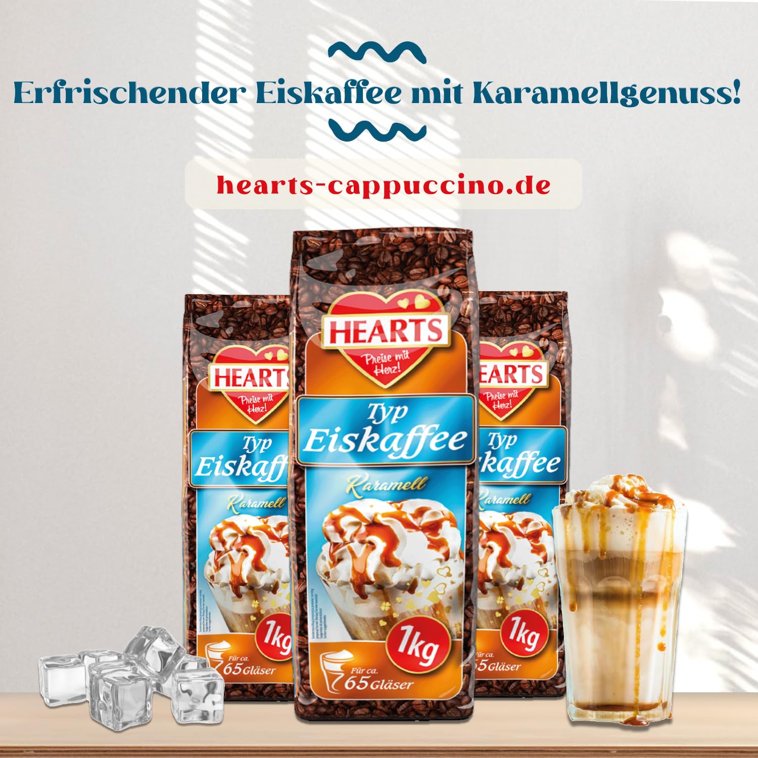 HEARTS kawa mrożona w proszku karmelowa 20 x 1 kg, korzystne opakowanie idealne na stacje benzynowe, piekarnie, hotele, przedsiębiorstwa itd. – Zmielona kawa na lato, Frappe Art, letni napój,