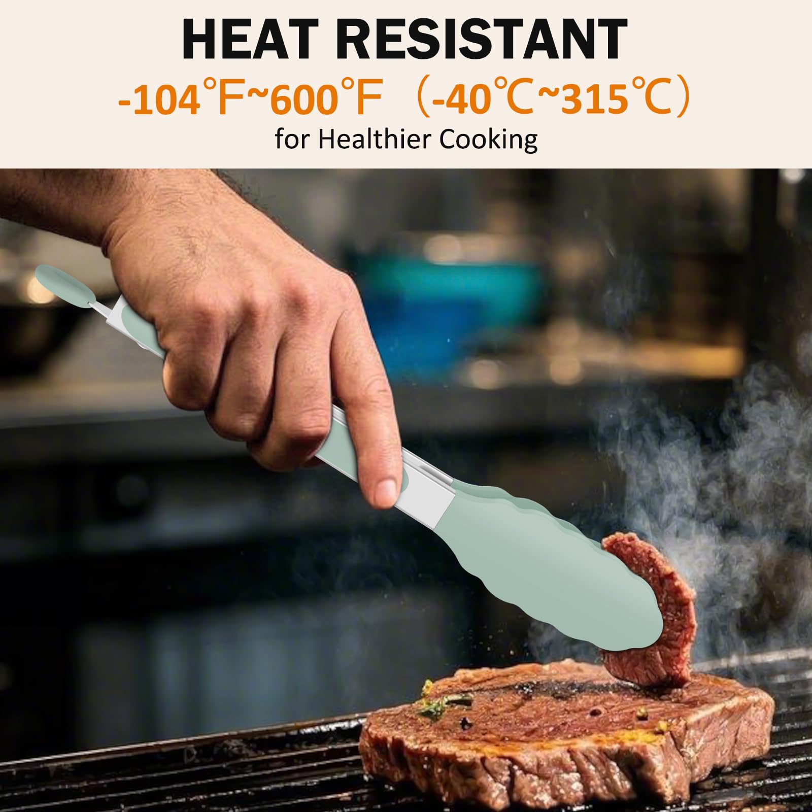 Pinzas de cocina, acero inoxidable de silicona para cocinar 600ºF de alta resistencia al calor, pinzas de bloqueo para barbacoa, juego de 2-9 pulgadas y 12 pulgadas, color gris