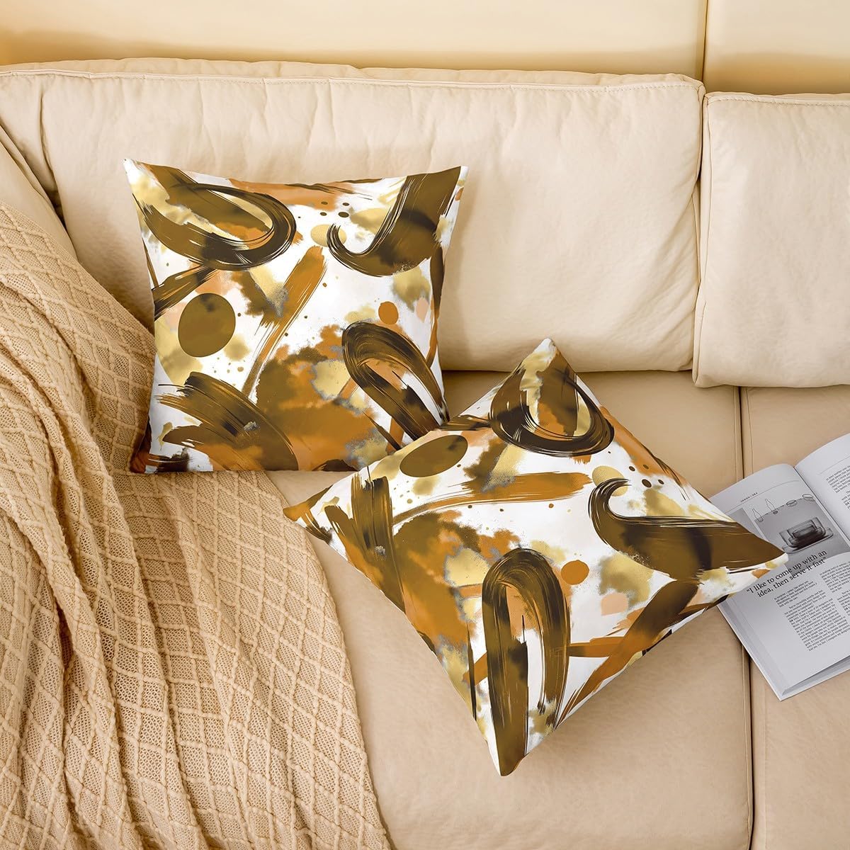 Abstract Yellow Brown Throw Pillow Covers Set of 2 Boho Modern Geometric Decorative Pillowcase Simple Aesthetic Cushion Covers for Sofa Couch Bed Ink Unique Cool Cushion Case Home Decor 24 x 24-Inch