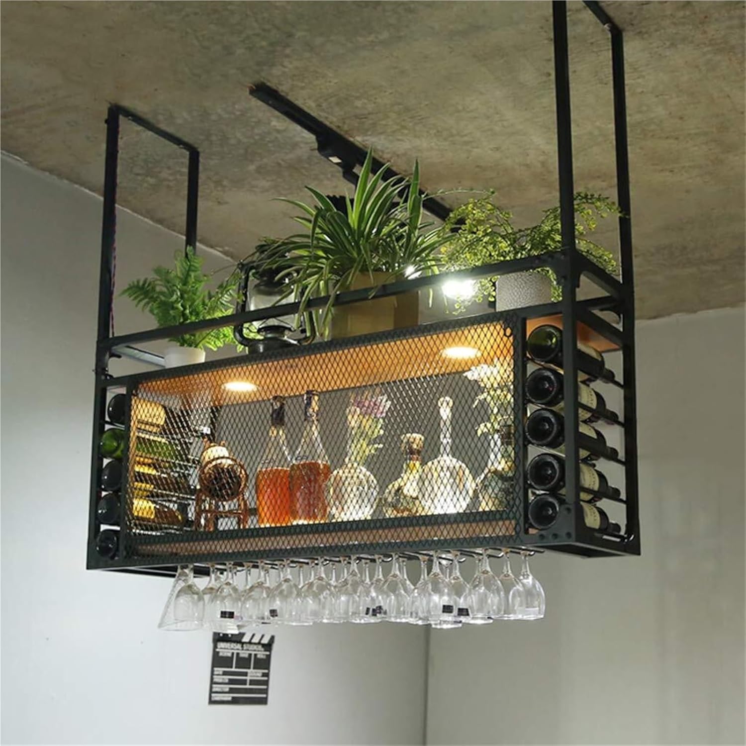 Wine Shelf Ceiling-Mounted Wine Rack with Bottle & Glass Holder | Metal Iron Storage Organizer - Black Wine Holder(80x30x55cm)