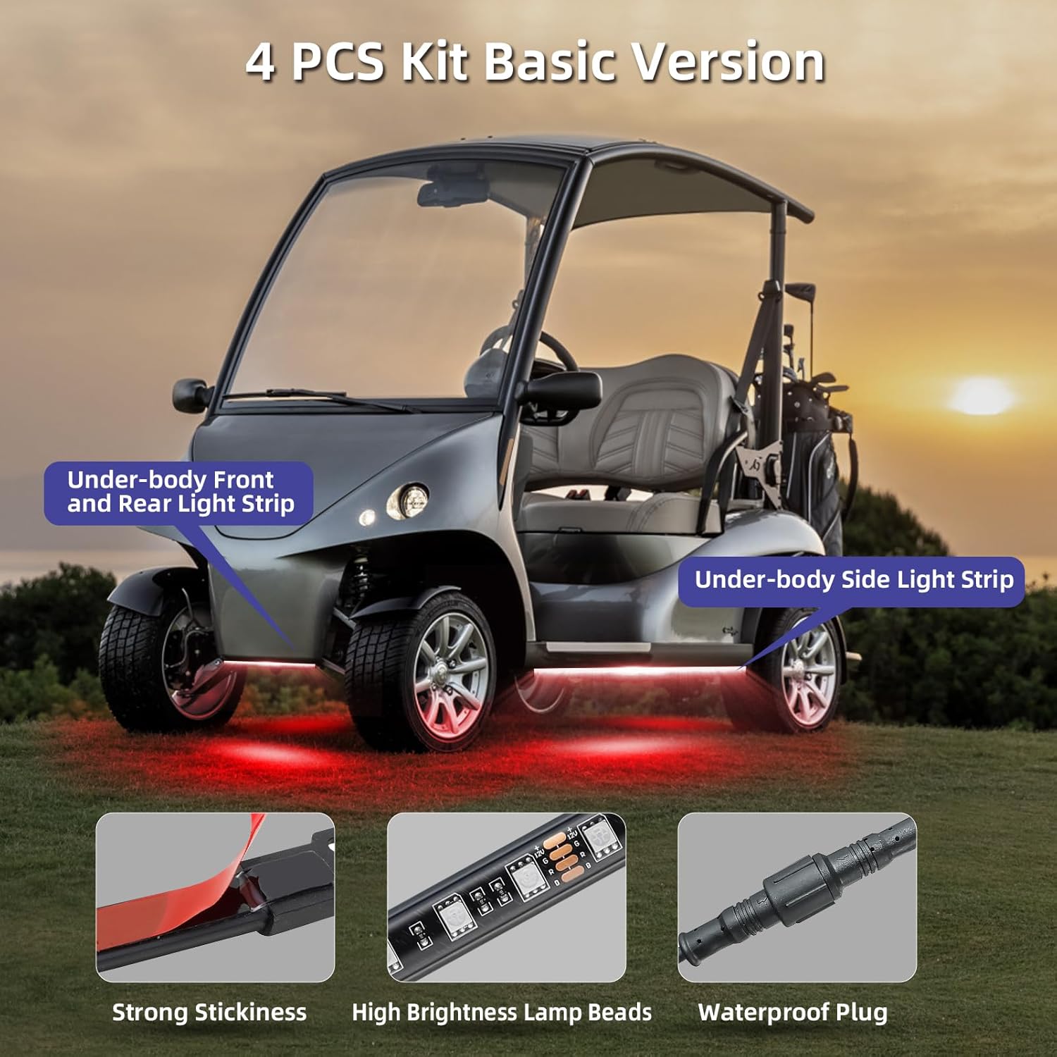 Roykaw Golf Cart LED Strip Lights, Underglow Neon Light Kit Compatible with EZGO/Club Car/Yamaha and Most Brands Golf Carts, Waterproof/LED Decorative Lights/Multi-Dynamic Modes, 4PCS