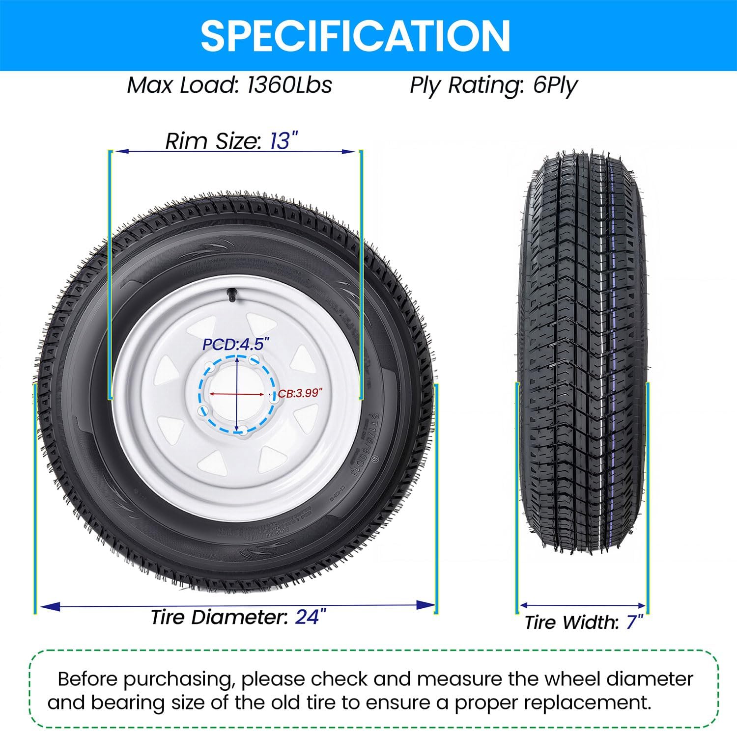 ST175/80D13 Trailer Tires and Wheels Set of 2, 6 Ply 13" Trailer Tire with 5 Lug on 4.5" Bolt Pattern, 1360 lbs Capacity Trailer Wheel Assembly for Boat Utility Lawn Trailers