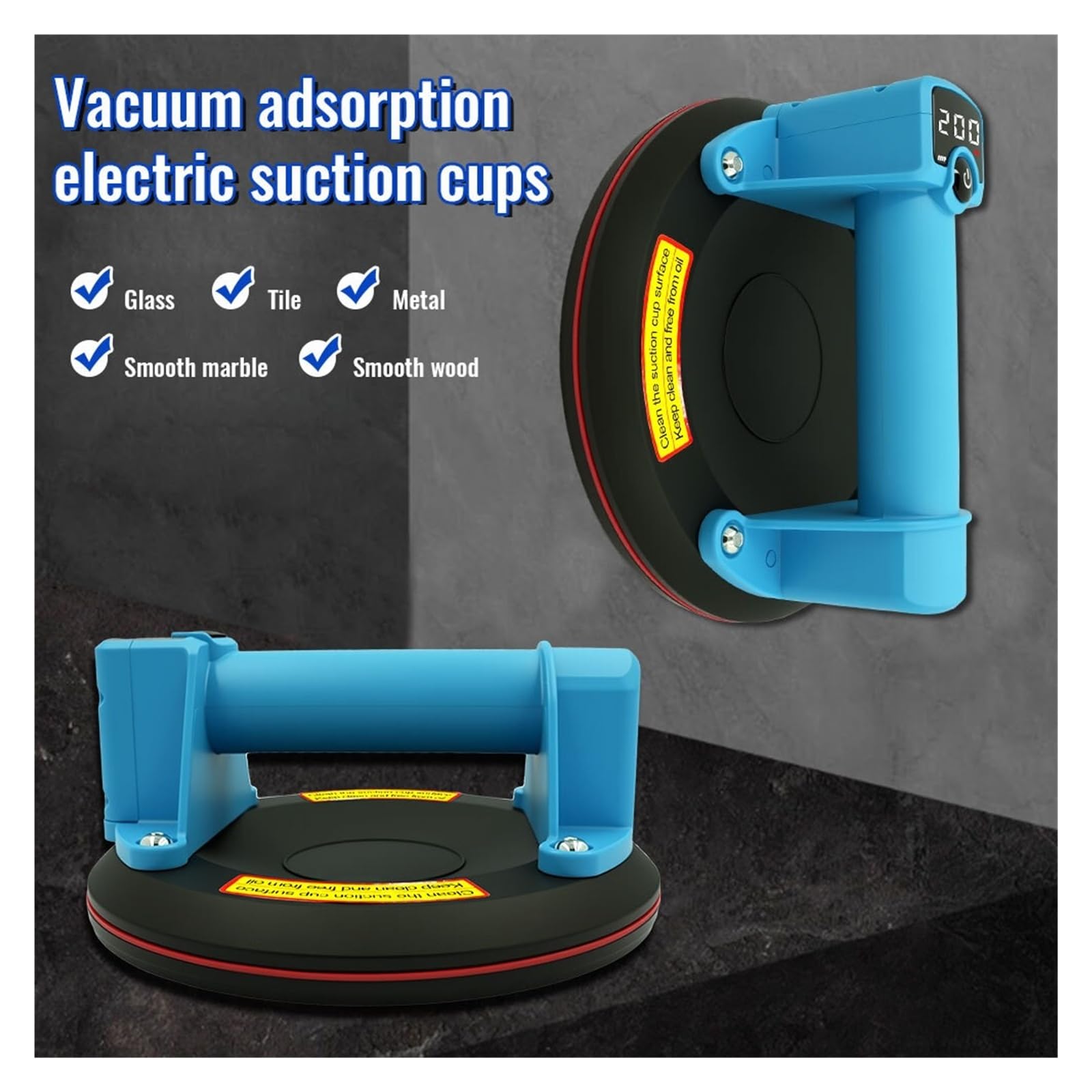 Levantador de ventosas, Ventosa de vacío recargable eléctrica carga 250 kg con adsorción un solo botón(Blauw)
