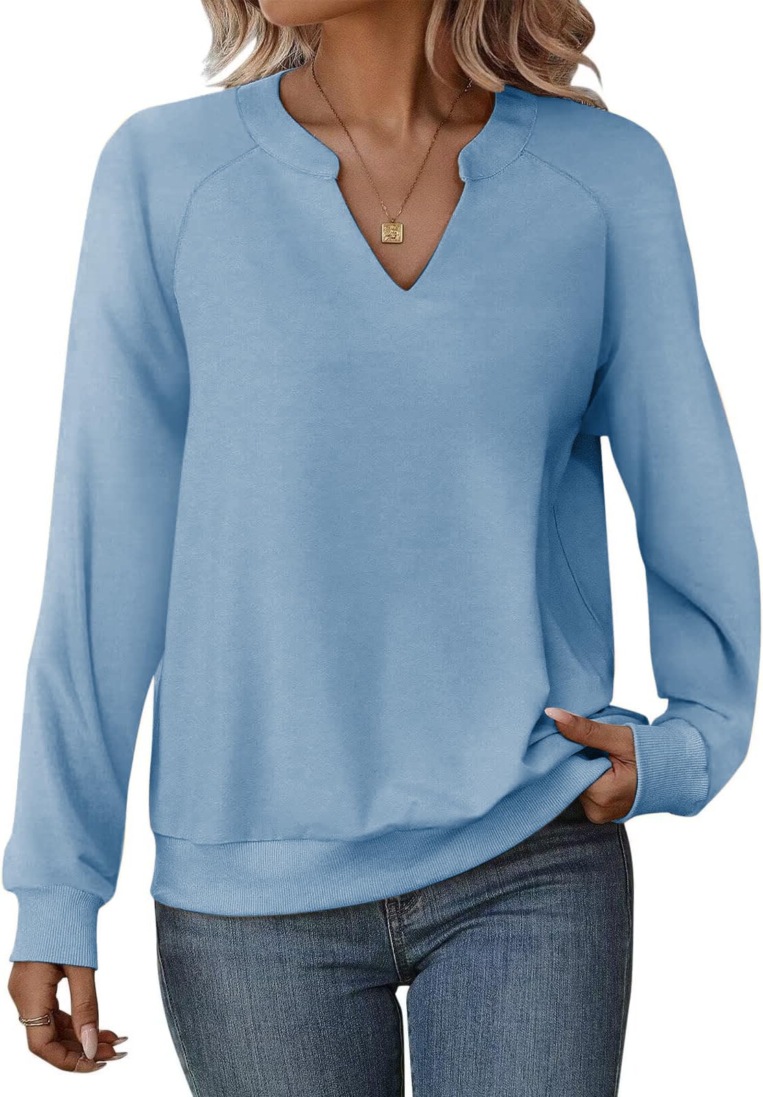 Cuptacc Pullover Für Damen Oberteile Elegant Basic Langarmshirt Damen V-Ausschnitt Tshirt Minimalistisch Blau XXXL