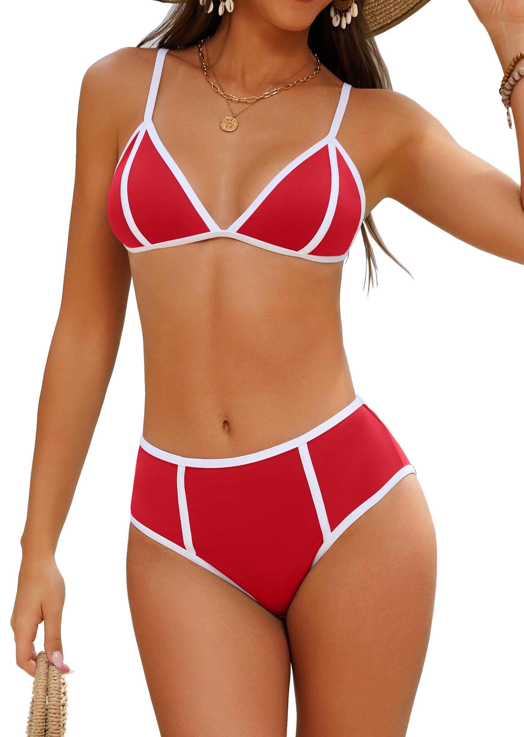 LKAIIN High Waisted Bikini Sets for Women Color Block Bikinis Sexy V Neck Triangle Swimsuits 2 Piece