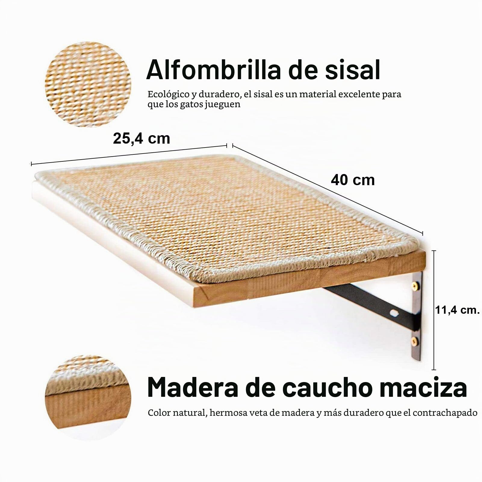 FUKUMARU Cama Pared Gato, De Madera Maciza de Caucho, Estante de Pared Flotante con Alfombrilla de sisal para Gatos, estantes Colgantes de Madera Maciza de Goma de 2 cm de Grosor, 40 x 25 cm | Estante flotante de madera maciza de goma con instalación mejo
