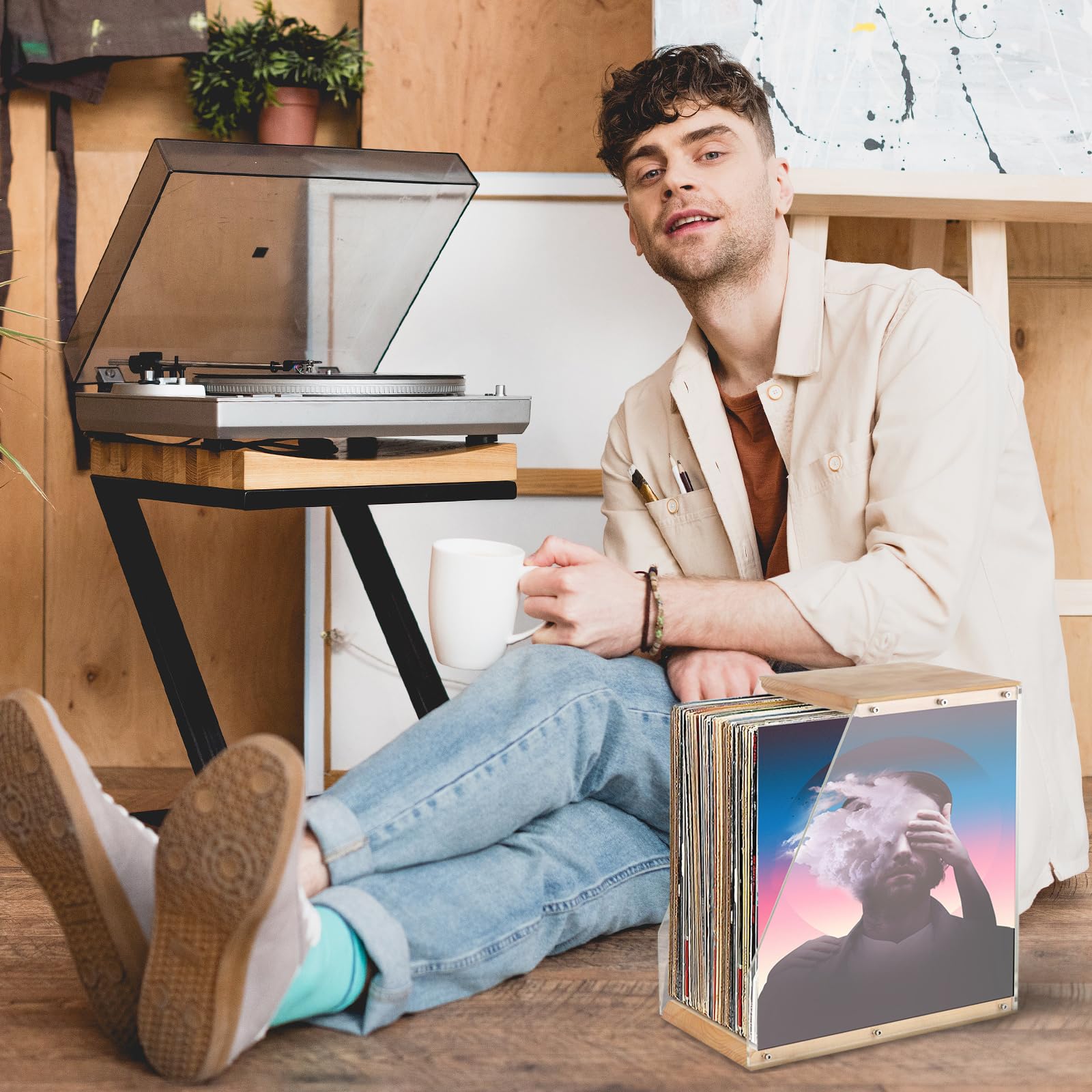 Schallplattenständer, 33,4 x 20 x 35 cm Vinyl-Schallplattenhalter aus Acryl und Massivholz Transparent Aufbewahrungsbox für Schallplatten mit Offenes Design für Vinyl-Enthusiasten und Musikliebhaber