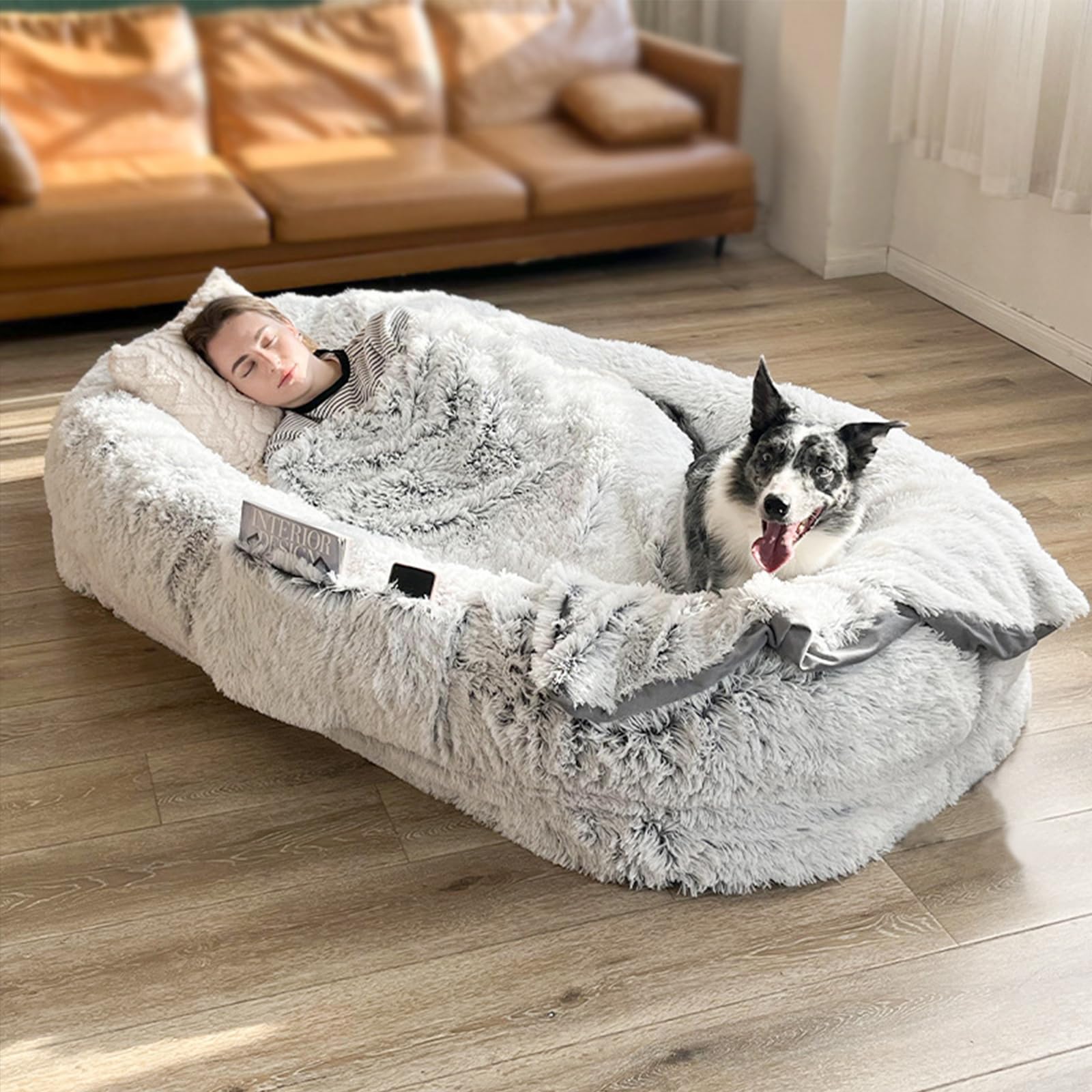 Human Large Dog Bed for Humans Size Fits You and Pets,Luxury Fur Human Dog Beds,Slip-Resistant Waterproof Washable Giant Dog Bed for Human,Human Dog Bed for People Adults and Pets (5X-Large, Grey)
