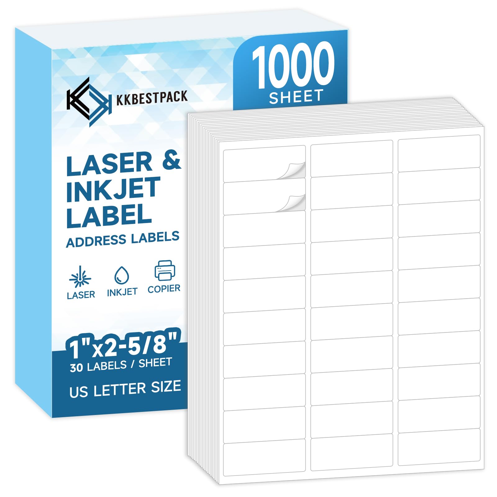 KKBESTPACK 30 etiquetas de dirección de envío – Pegatinas autoadhesivas FNSKU de código de barras de 1 x 2-5/8 pulgadas para impresora de inyección de tinta y láser (1000 hojas/30000 etiquetas)