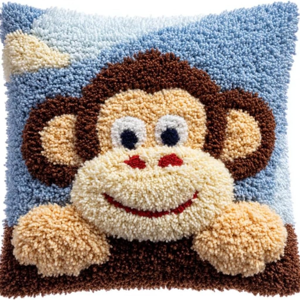 ZUHSA Latch Hook Rug Kit - Pre-Printed Christmas Pattern, 17x17 Inch Easy DIY fit for Home Sofa Decoration (Monkey A)