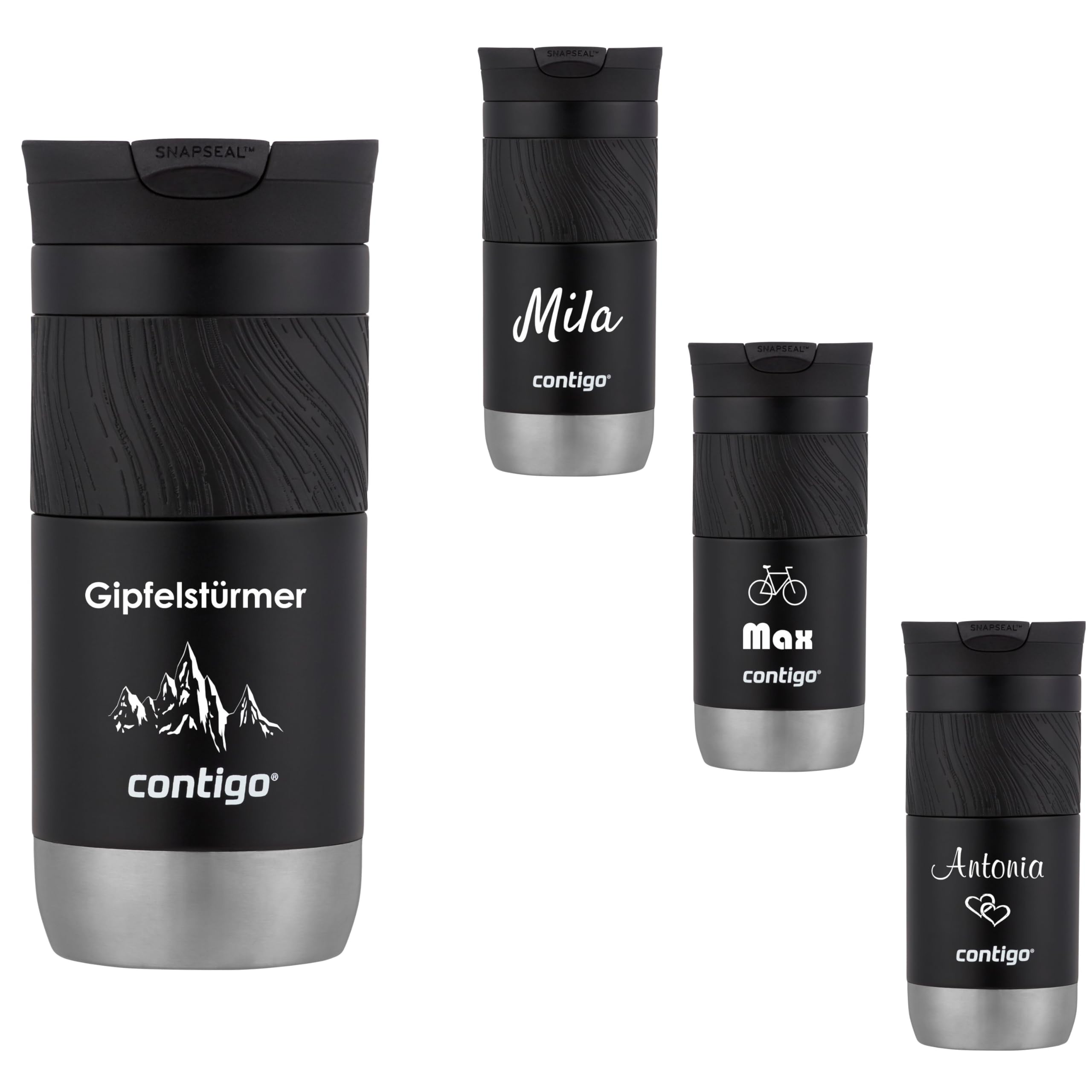 Contigo Byron 2.0 SNAPSEAL - Tazza termica con incisione – nome in acciaio inox, tazza da viaggio, tazza da caffè to go, a prova di perdite, coperchio facile da pulire, senza BPA, 470 ml (Licorice)