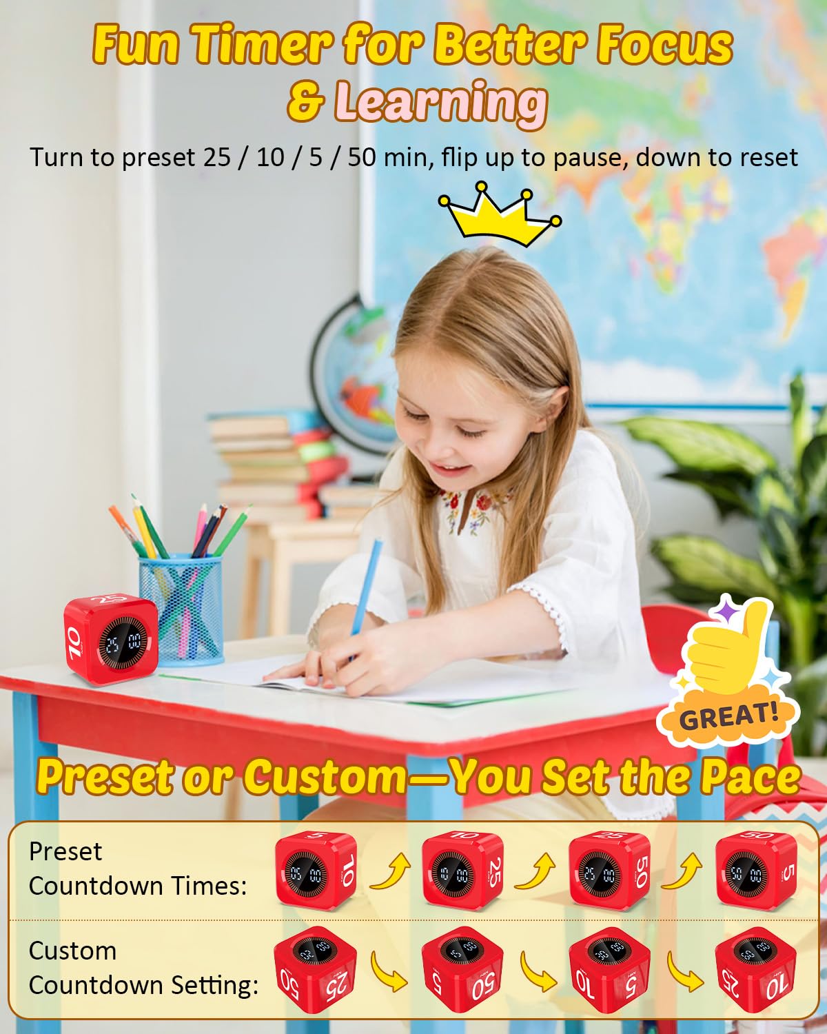 Pomodoro - Timer digitale a cubo, 5/10/25/50 min, produttività visiva, timer flip per scrivania per bambini, conto alla rovescia personalizzato, modalità silenziosa e sonora, per ADHD, studio