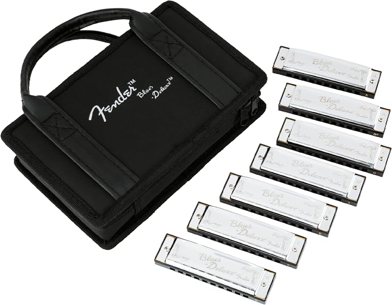Fender Blues Deluxe Diatonic 10-Hole Harmonica Set with Case, Pack of 7 | 7-pack includes keys C, G, A, D, F, E, Bb, carrying case, beginner-friendly, blues, folk, country, gift set