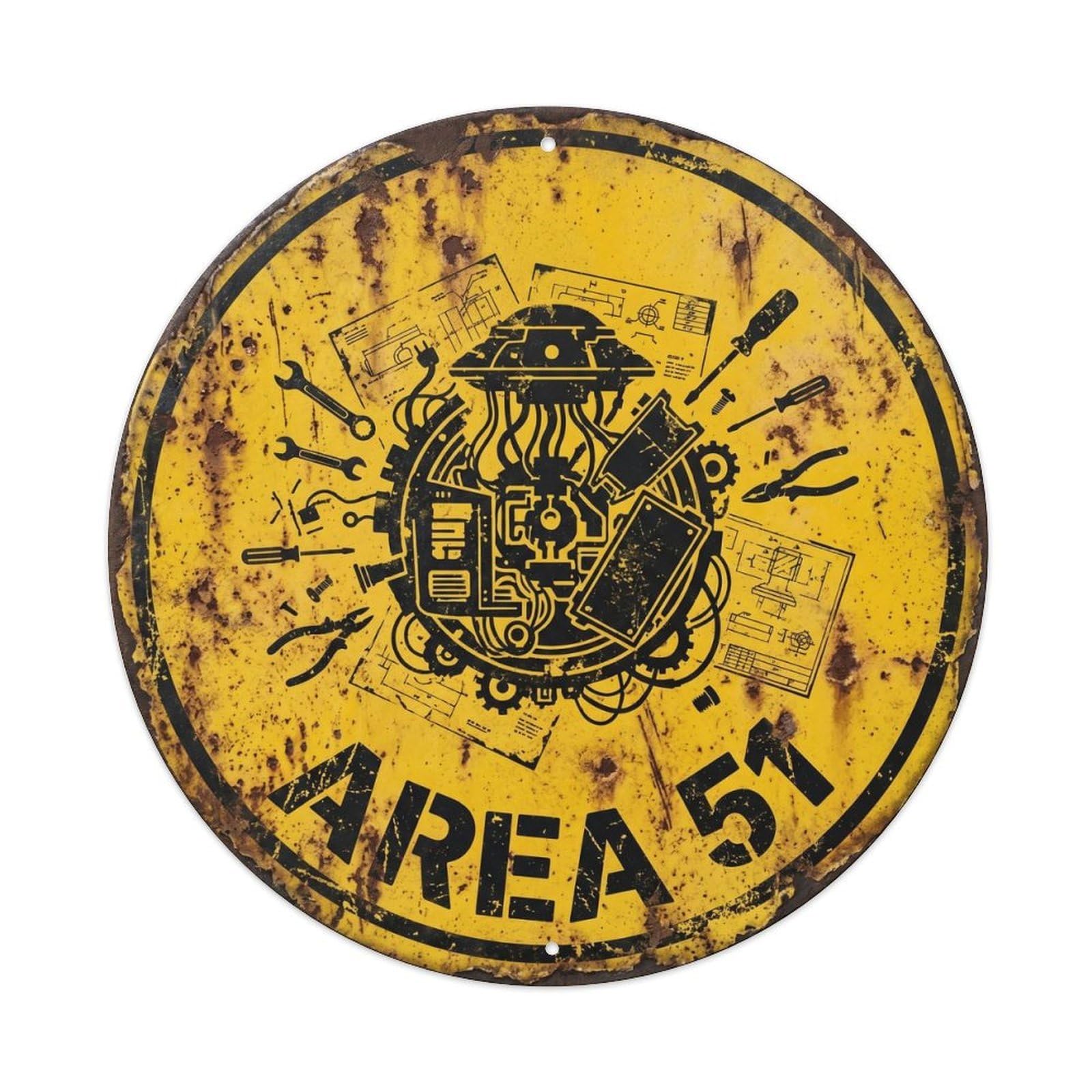 Vintage Alien Area 51 Reverse Engineering Metal Tin Sign Plaque Wall Decor for Cafe, Club, Garden Round Metal Poster 8x8Inch