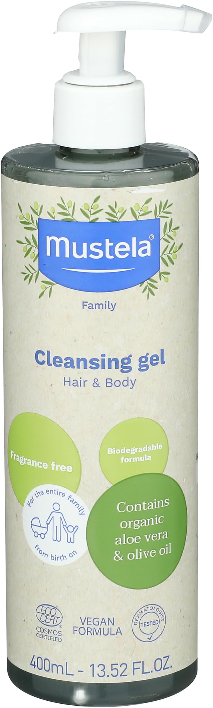 Certified Organic Cleansing Gel - 400ml Natural Hair & Body Wash with Olive Oil & Aloe Vera - Fragrance-Free, Tear-Free, Vegan & Biodegradable - For Baby, Kid & Adult
