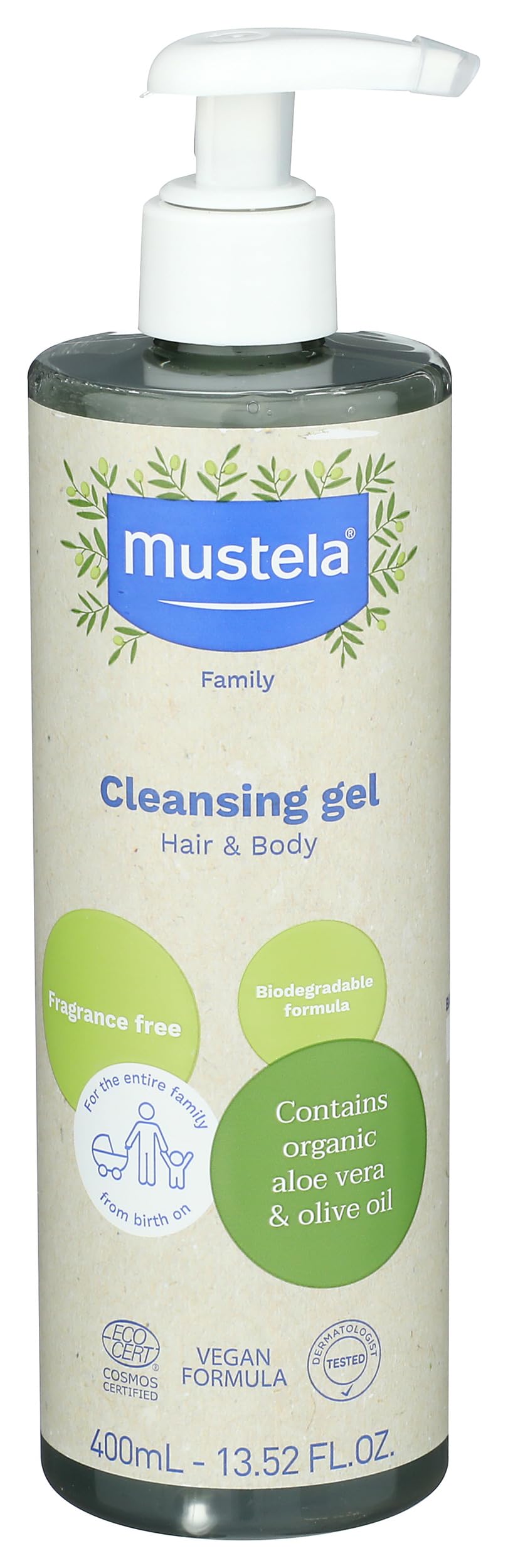 Mustela Certified Organic Cleansing Gel - 400ml Natural Hair & Body Wash with Olive Oil & Aloe Vera - Fragrance-Free, Tear-Free, Vegan & Biodegradable - For Baby, Kid & Adult