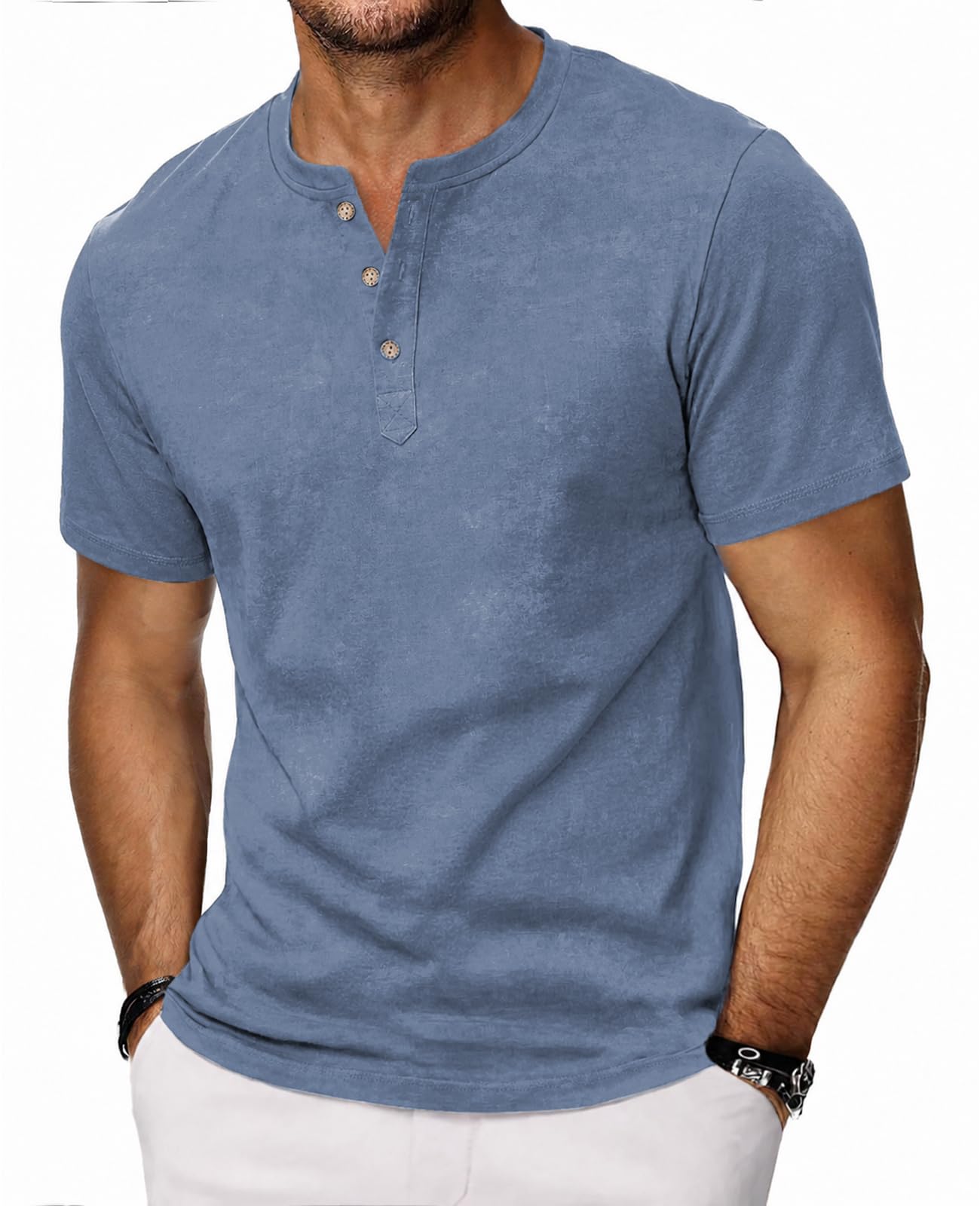 HMIYA Hemd Herren 100% Baumwolle Vintage Henley Shirt Kurzarm T-Shirts für Herren Sommerhemd Beiläufig Männer