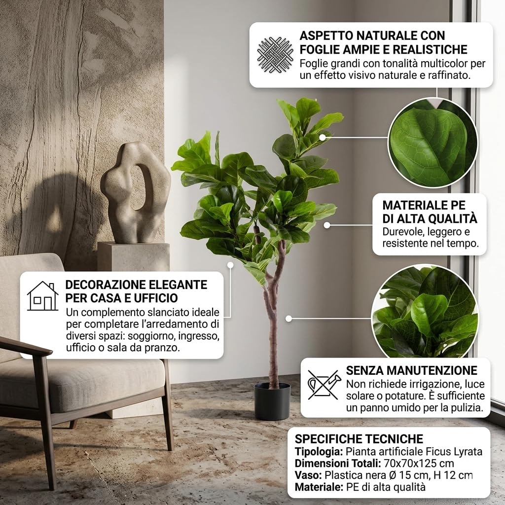 Pianta Artificiale Ficus Lyrata Alta 125 cm, Pianta Decorativa in PE Realistica per Soggiorno Ingresso Sala da Pranzo, Accessorio Verde Senza Cura