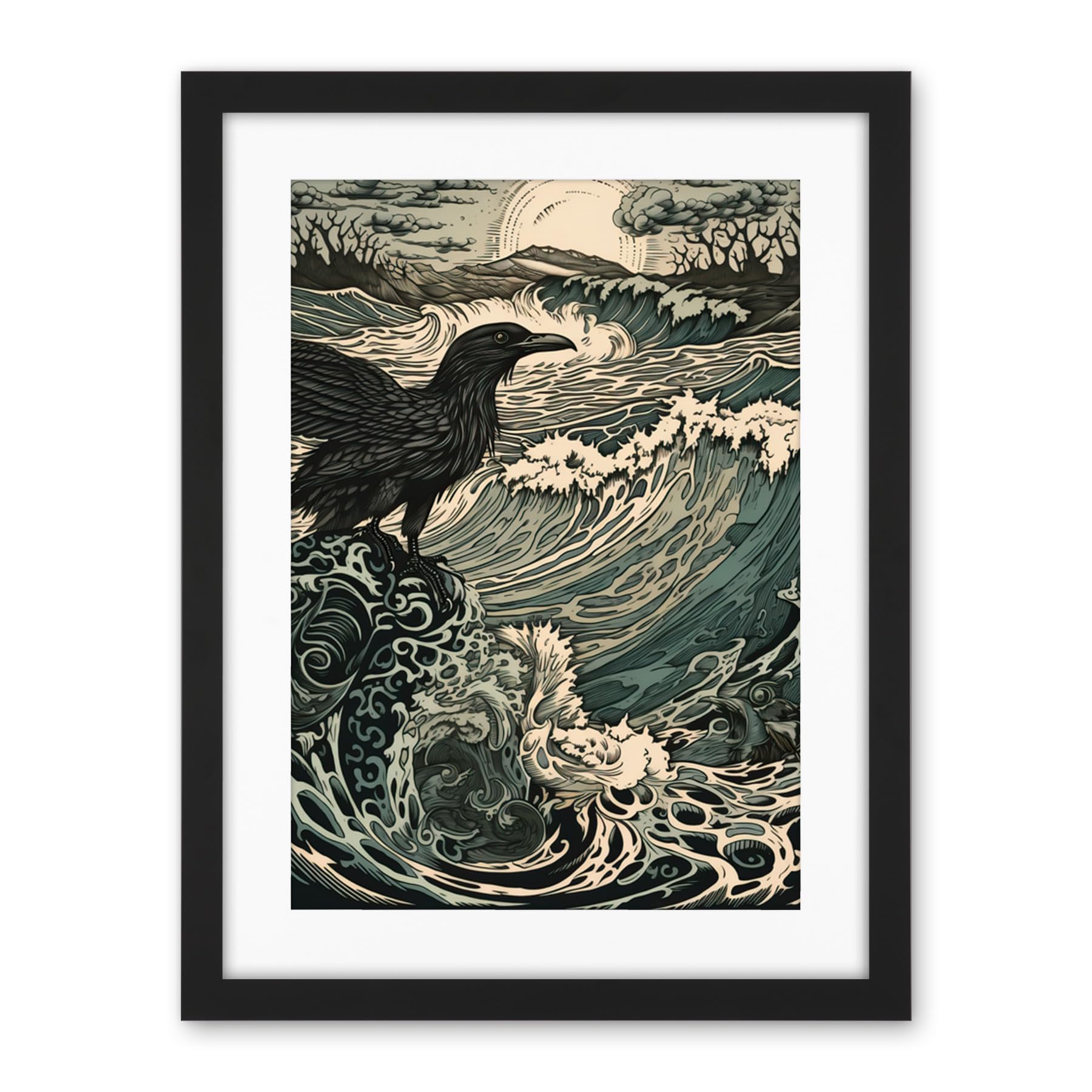 Artery8 Raven and Crashing Waves Coastal Sunrise Landscape Artwork Framed Wall Art Print 18X24 Inch