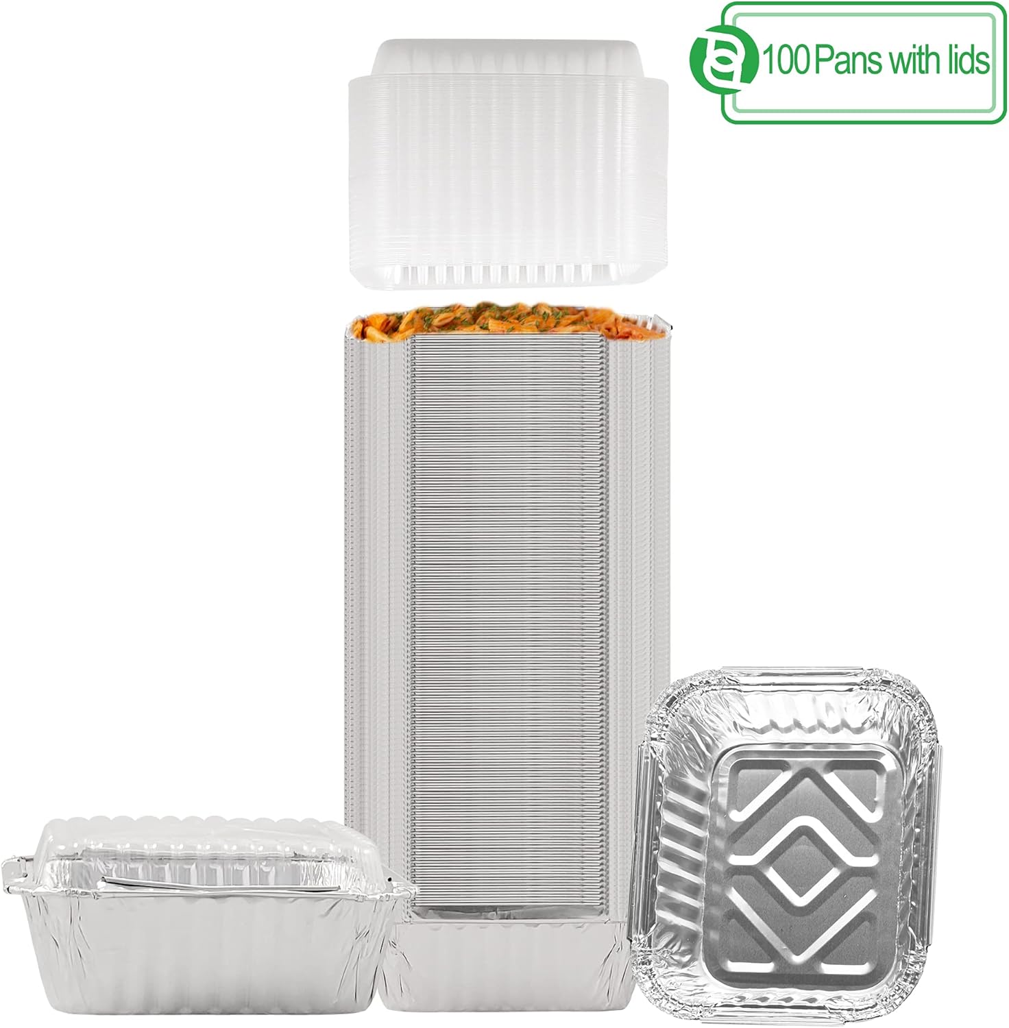 PARTY BARGAINS [100 Pack] 1Lb Aluminum Pan with Plastic Lids, 5.5 x 4.5 Inch Aluminum Foil Take-Out Containers, for Catering, Baking Small Goodies, Roasting Food: Home & Kitchen