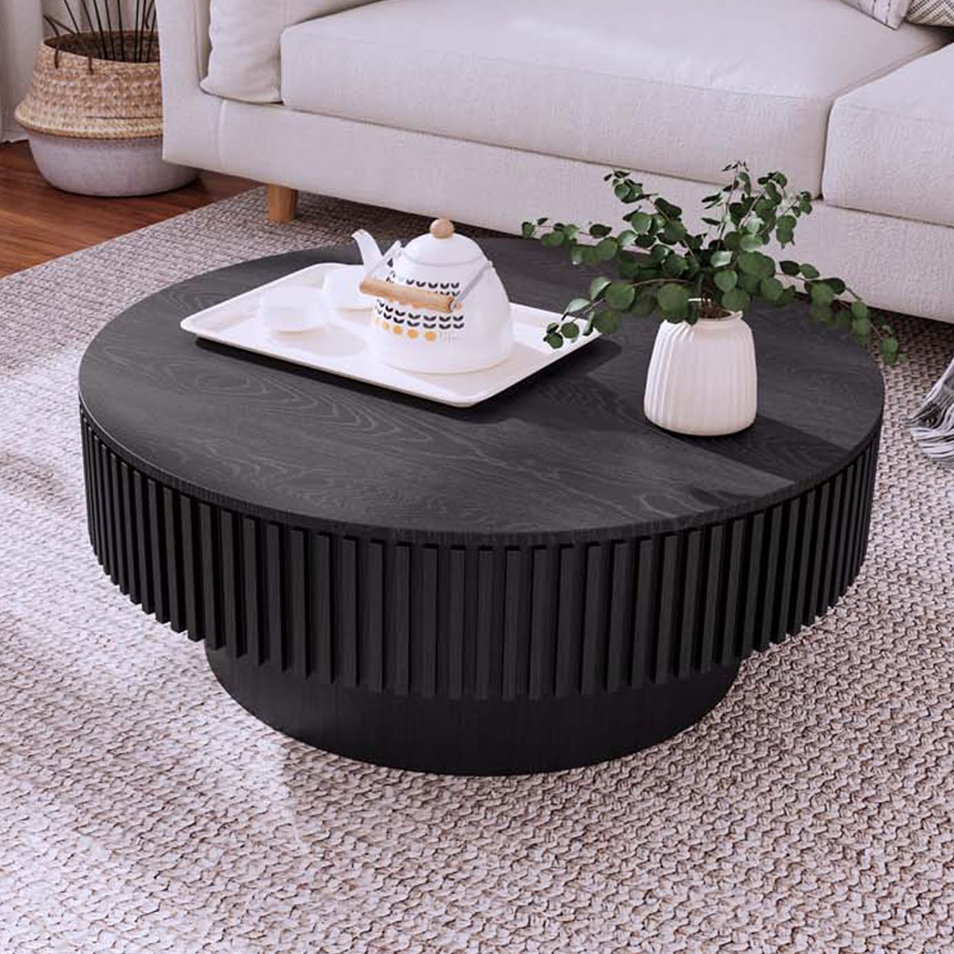 Round Coffee Table with Storage, Modern Wooden Coffee Table with Solid Wood Veneered, Circle Center Table Accent Tea Table for Living Room Apartment Small Space (31.5''L × 31.5''W × 14''H, Black)