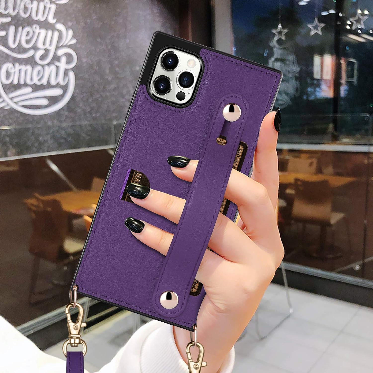 HianDier Wallet Case Compatible with iPhone 12 Pro Max Case 5G 6.7-inch Slim Protective with Hand Strap Holder Kickstand Lanyard Credit Card Slot Soft PU Leather Square Cover, Purple