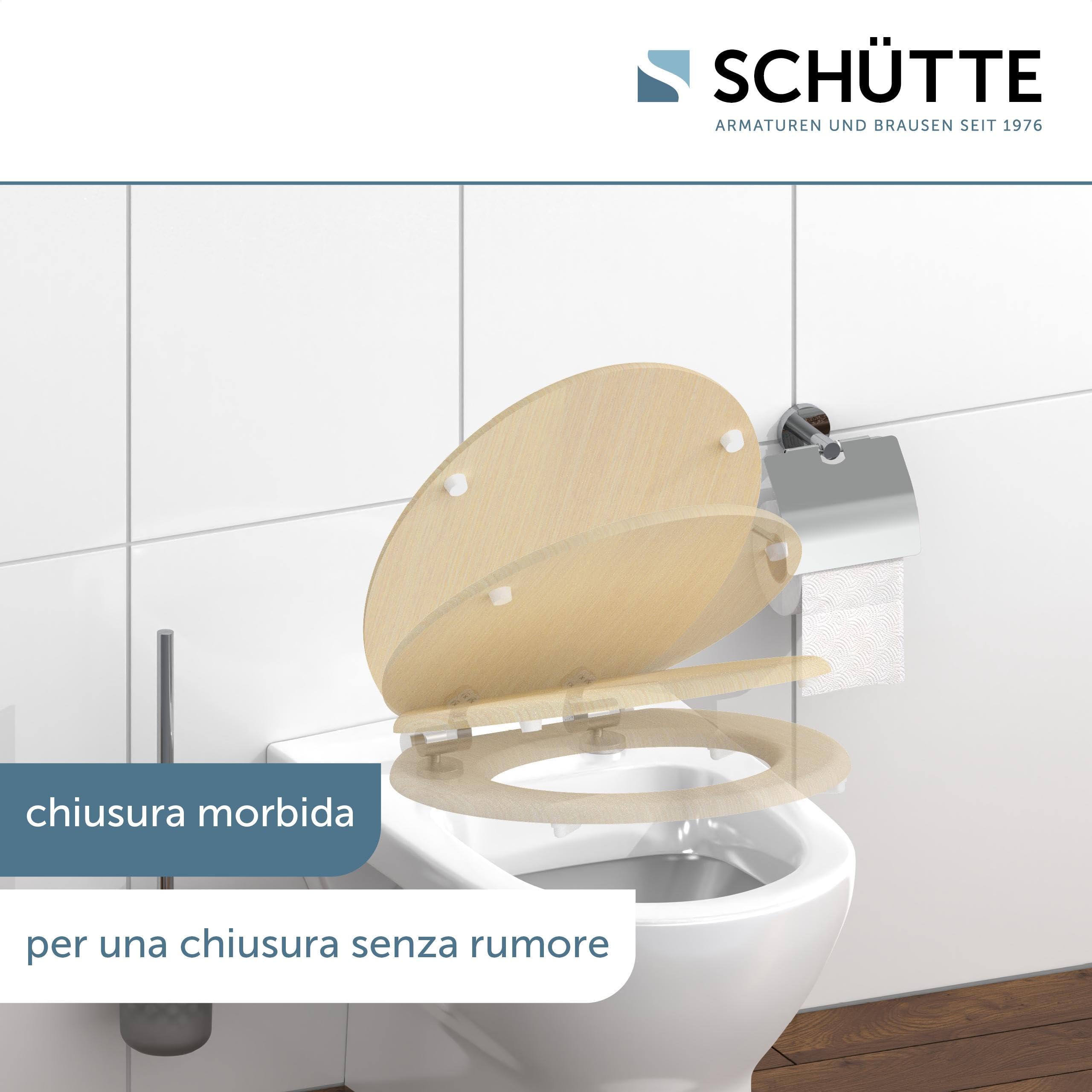SCHÜTTE Tavoletta WC chiusura ammortizzata legno | Copriwater universali globo | Coperchio Water MDF | Sedile WC Universale | Asse Water | Fino a 250 kg | NATURAL WOOD