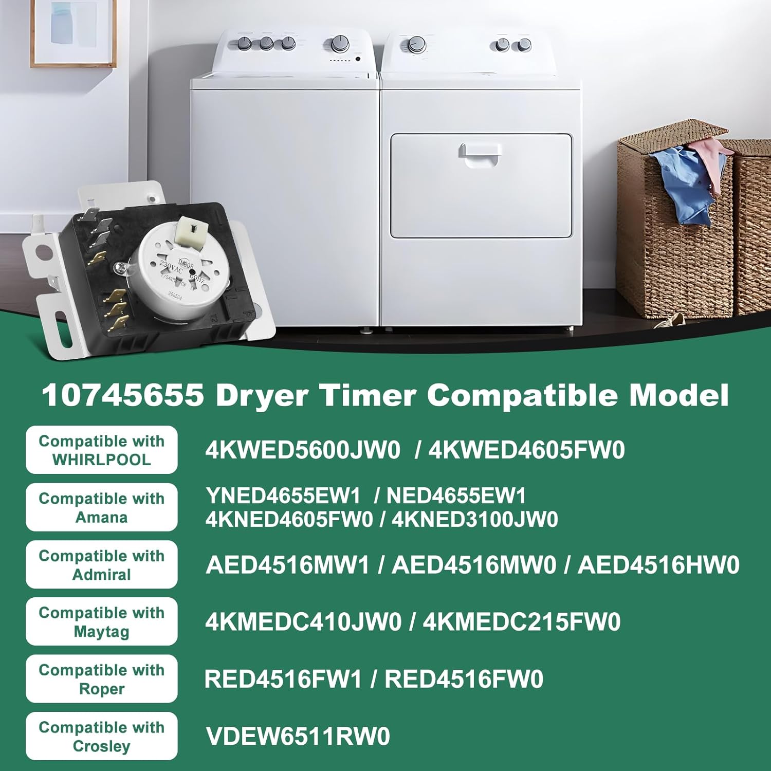 W10745655 Dryer Timer Compatible With Whirlpool, M-aytag, Amana, 230VAC 60Hz Timer Control, NED4655EW1 Replacement For W10857612, AP6003908, 4454384, PS11731366, W10745655