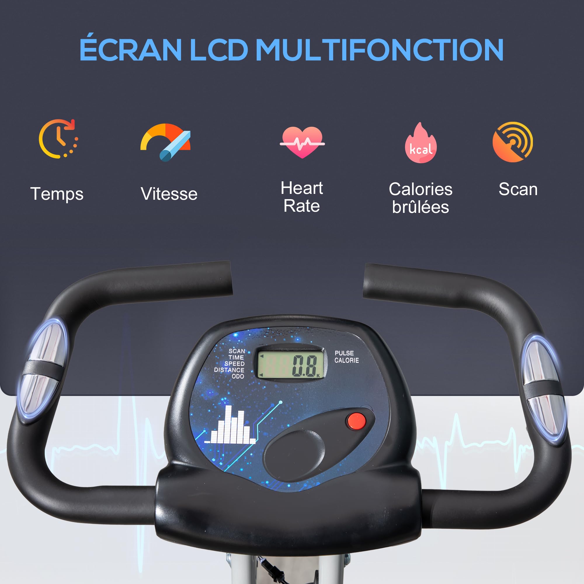 HOMCOM Vélo d'Appartement Magnétique Pliable avec 8 Niveaux de Résistance, Capteur de Pouls - Home Trainer Silencieux