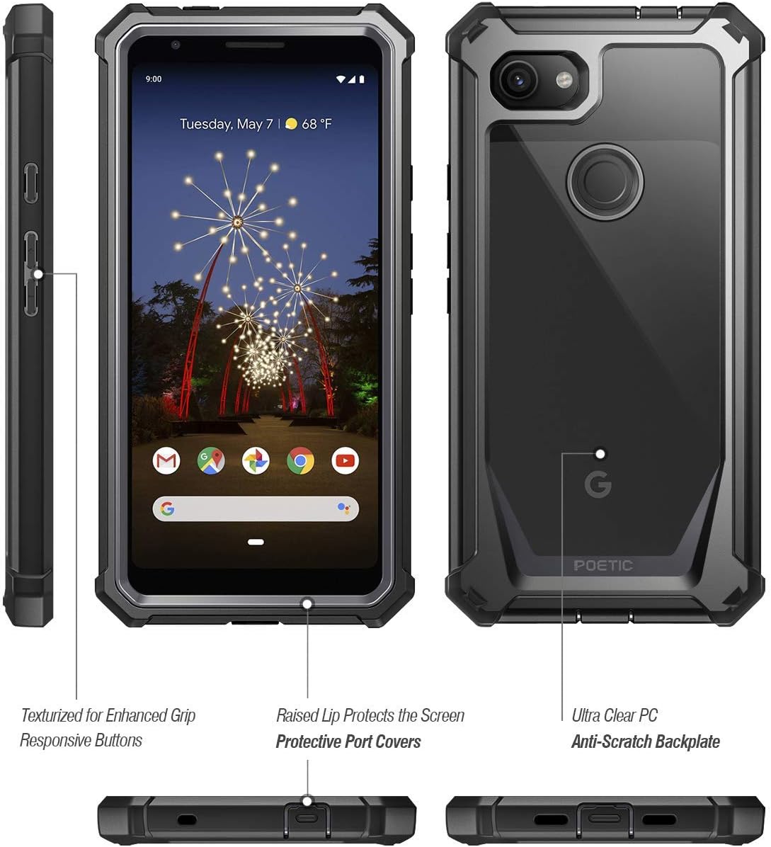 Google Pixel 3a XL Rugged Clear Case, Poetic Full-Body Hybrid Shockproof Bumper Cover, Built-in-Screen Protector, Guardian Series, Case for Google Pixel 3a XL (2019 Release), Black/Clear